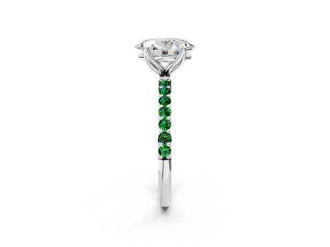 White gold Oval Cut Diamond Solitaire Engagement Ring with Round with Emerald side stone Pavé Band and Prong Setting_26