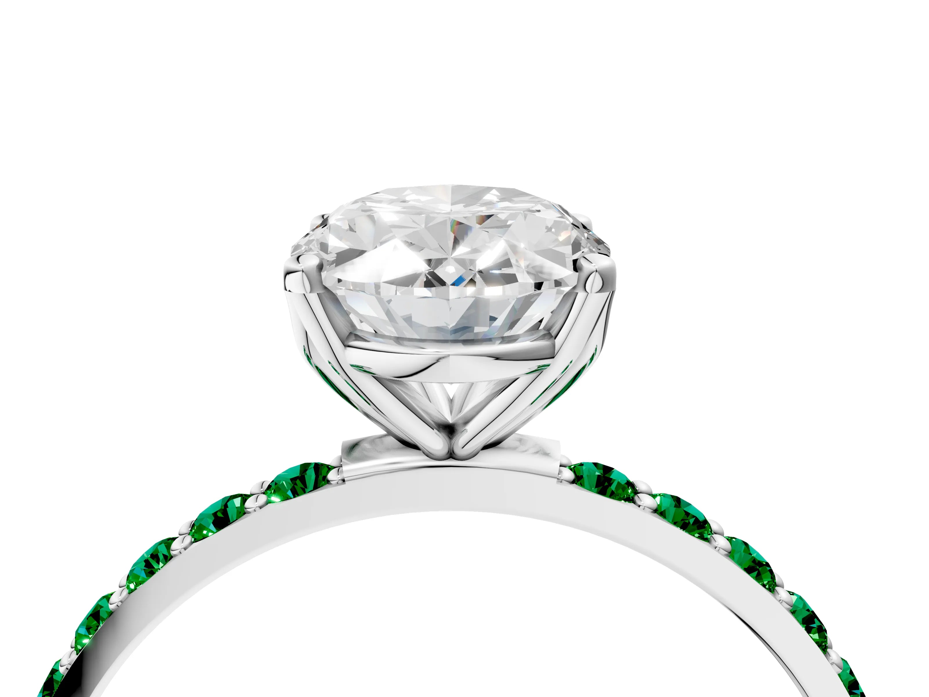 White gold Oval Cut Diamond Solitaire Engagement Ring with Round with Emerald side stone Pavé Band and Prong Setting_28