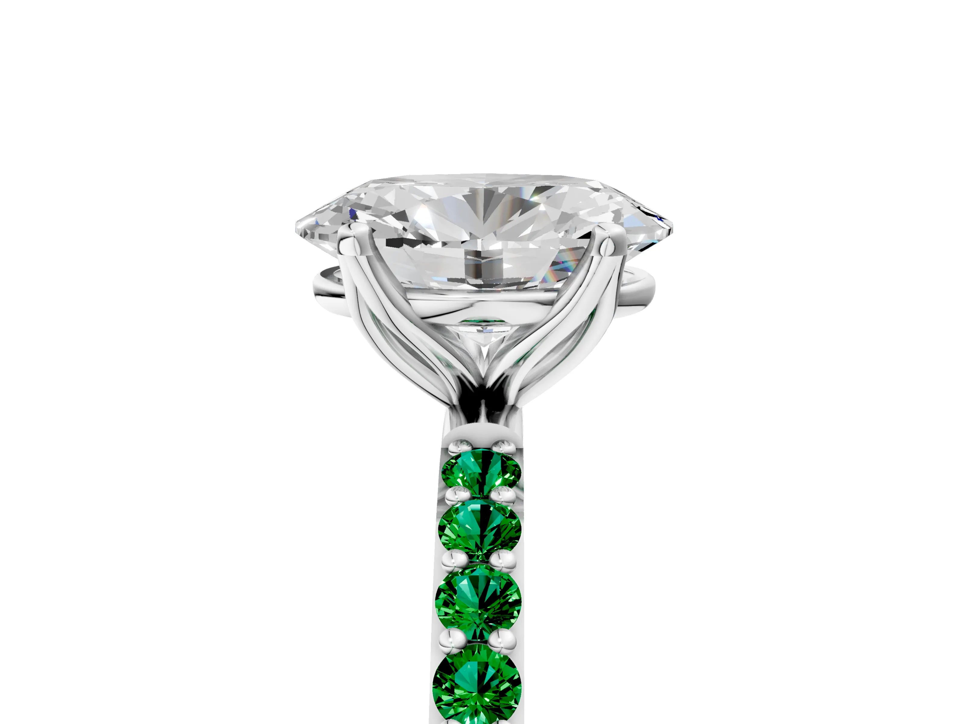 White gold Oval Cut Diamond Solitaire Engagement Ring with Round with Emerald side stone Pavé Band and Prong Setting_29