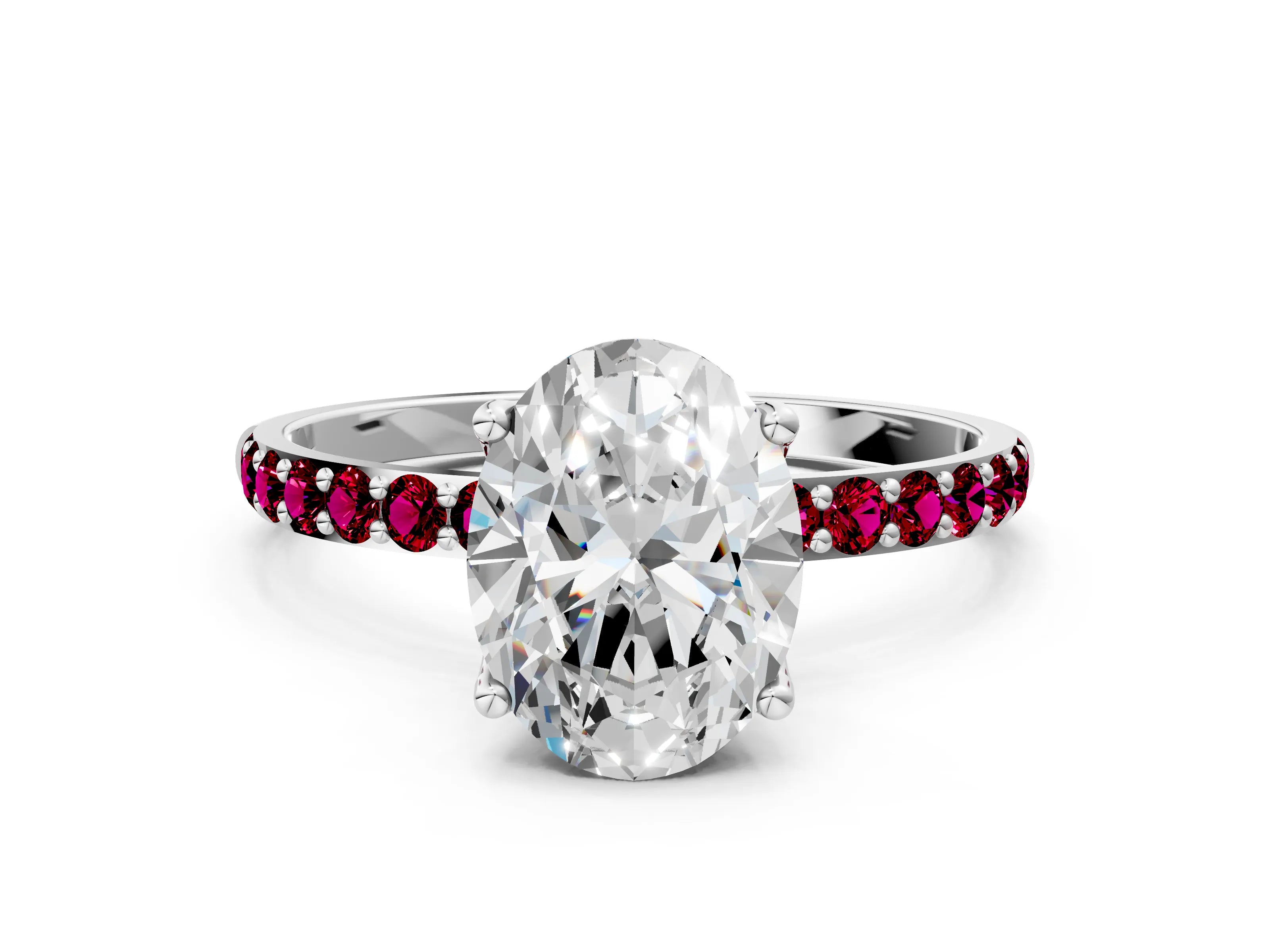 White gold Oval Cut Diamond Solitaire Engagement Ring with Round with Garnet side stone Pavé Band and Prong Setting_12