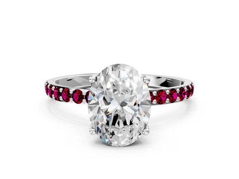 White gold Oval Cut Diamond Solitaire Engagement Ring with Round with Garnet side stone Pavé Band and Prong Setting_12