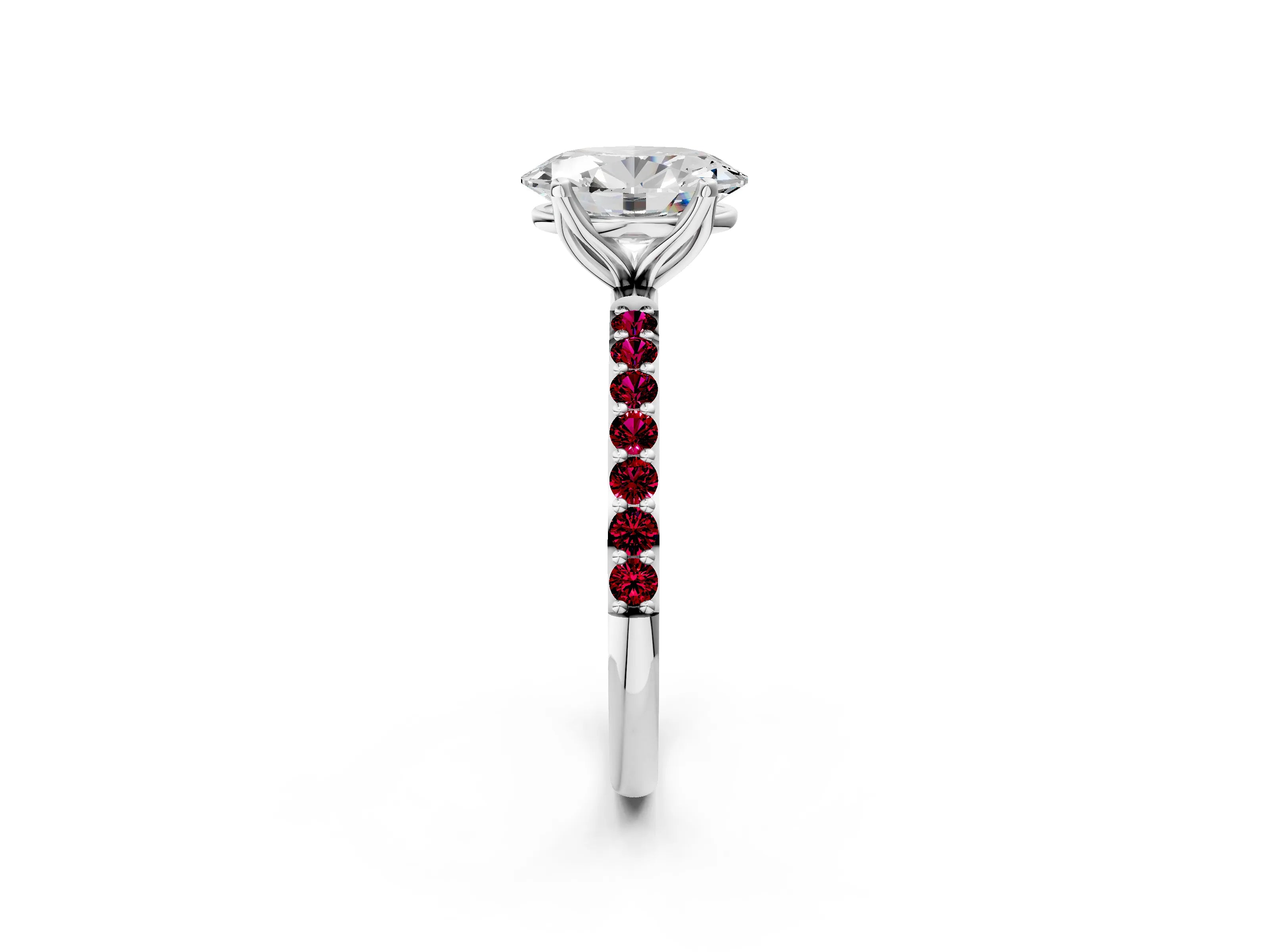 White gold Oval Cut Diamond Solitaire Engagement Ring with Round with Garnet side stone Pavé Band and Prong Setting_14