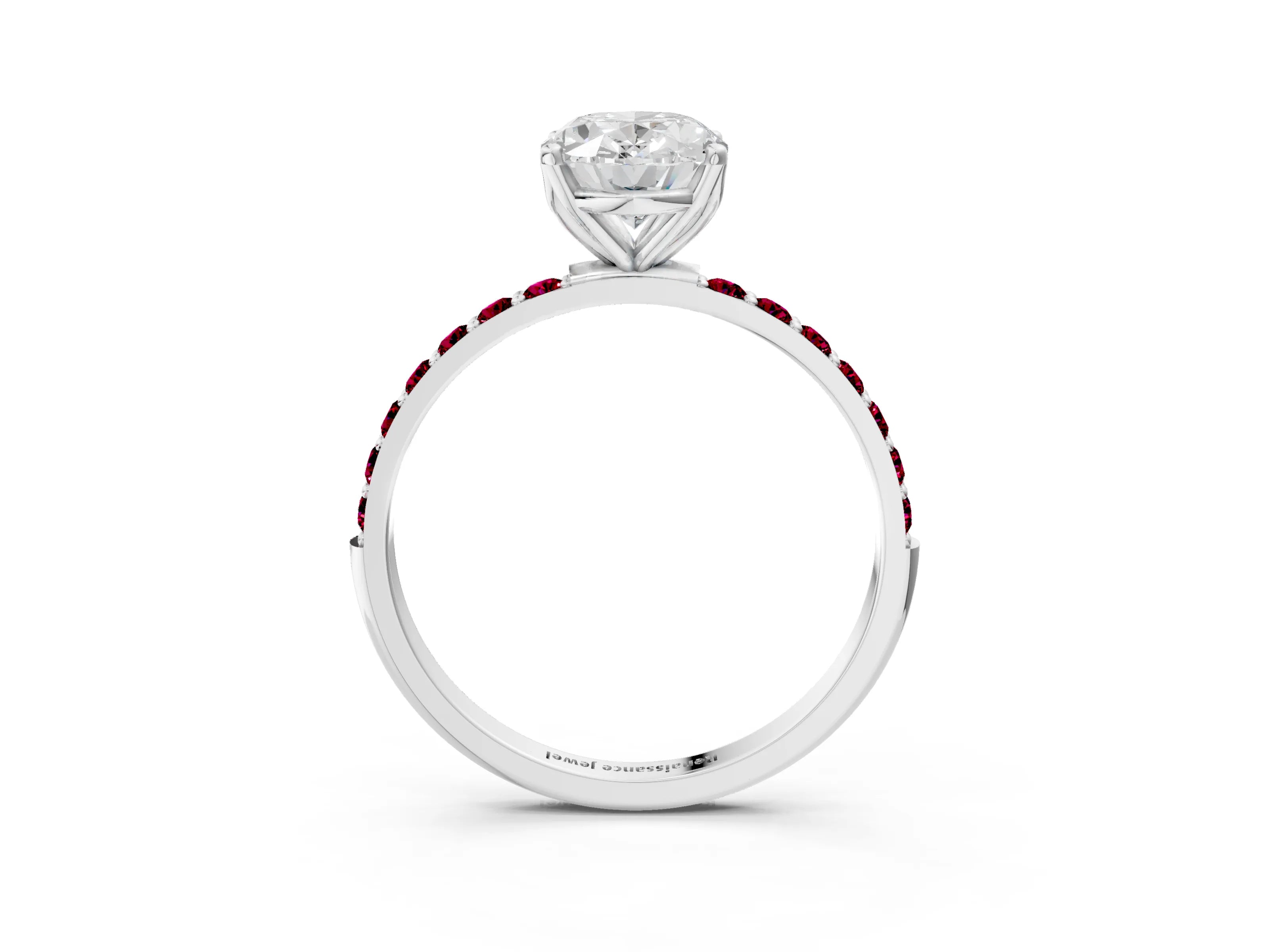 White gold Oval Cut Diamond Solitaire Engagement Ring with Round with Garnet side stone Pavé Band and Prong Setting_15