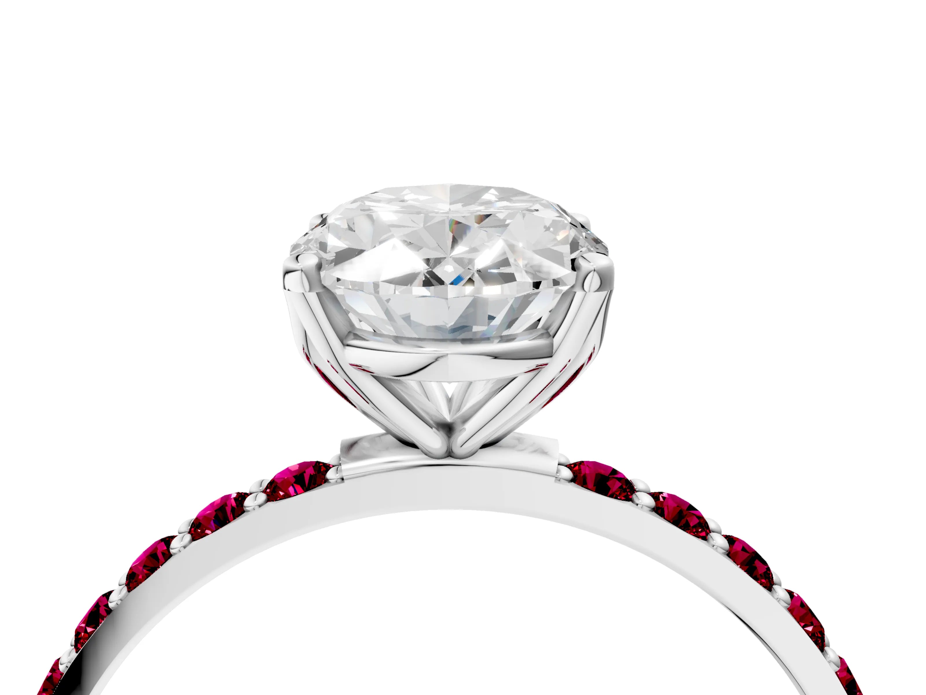 White gold Oval Cut Diamond Solitaire Engagement Ring with Round with Garnet side stone Pavé Band and Prong Setting_16