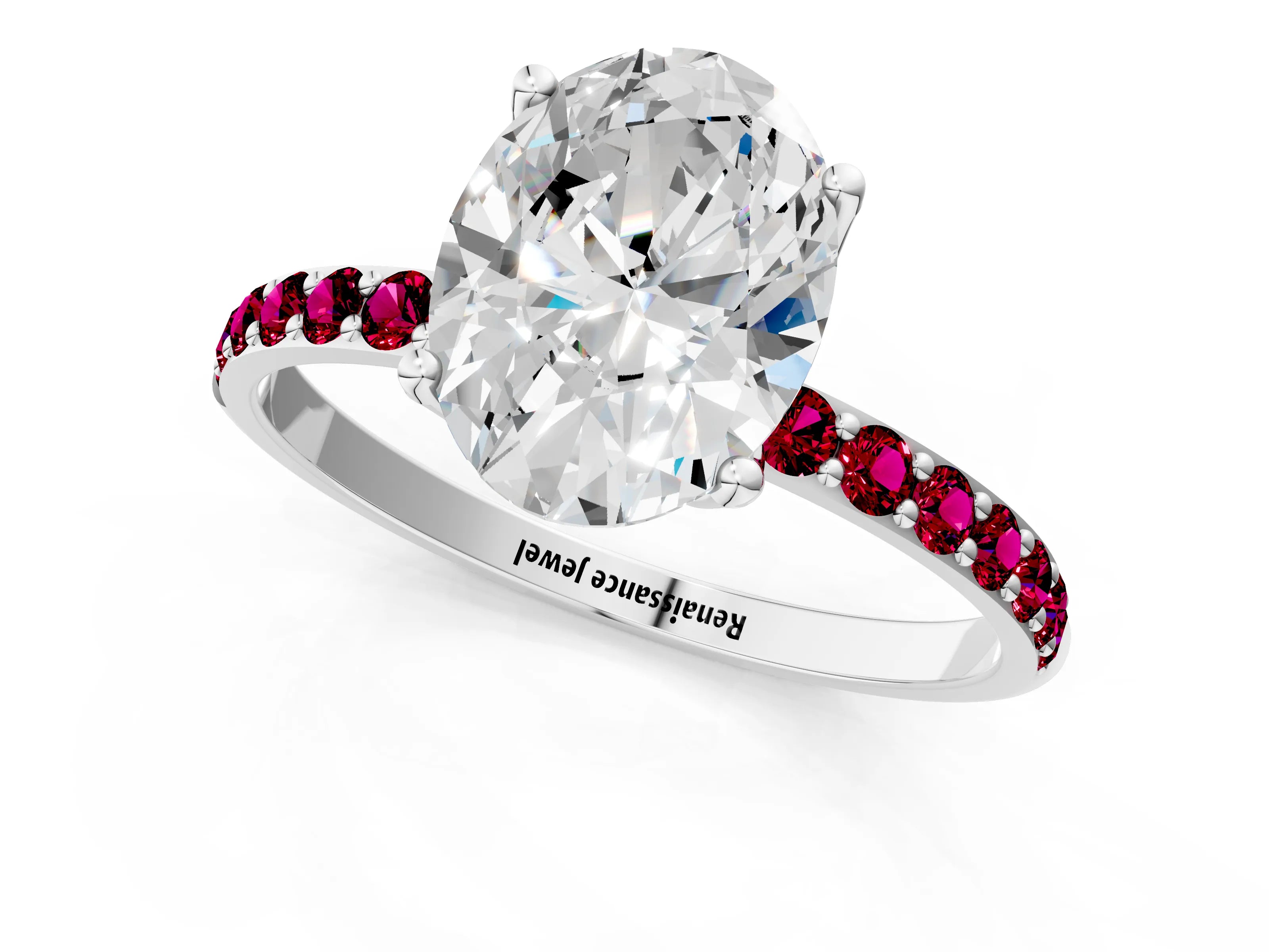 White gold Oval Cut Diamond Solitaire Engagement Ring with Round with Garnet side stone Pavé Band and Prong Setting_25