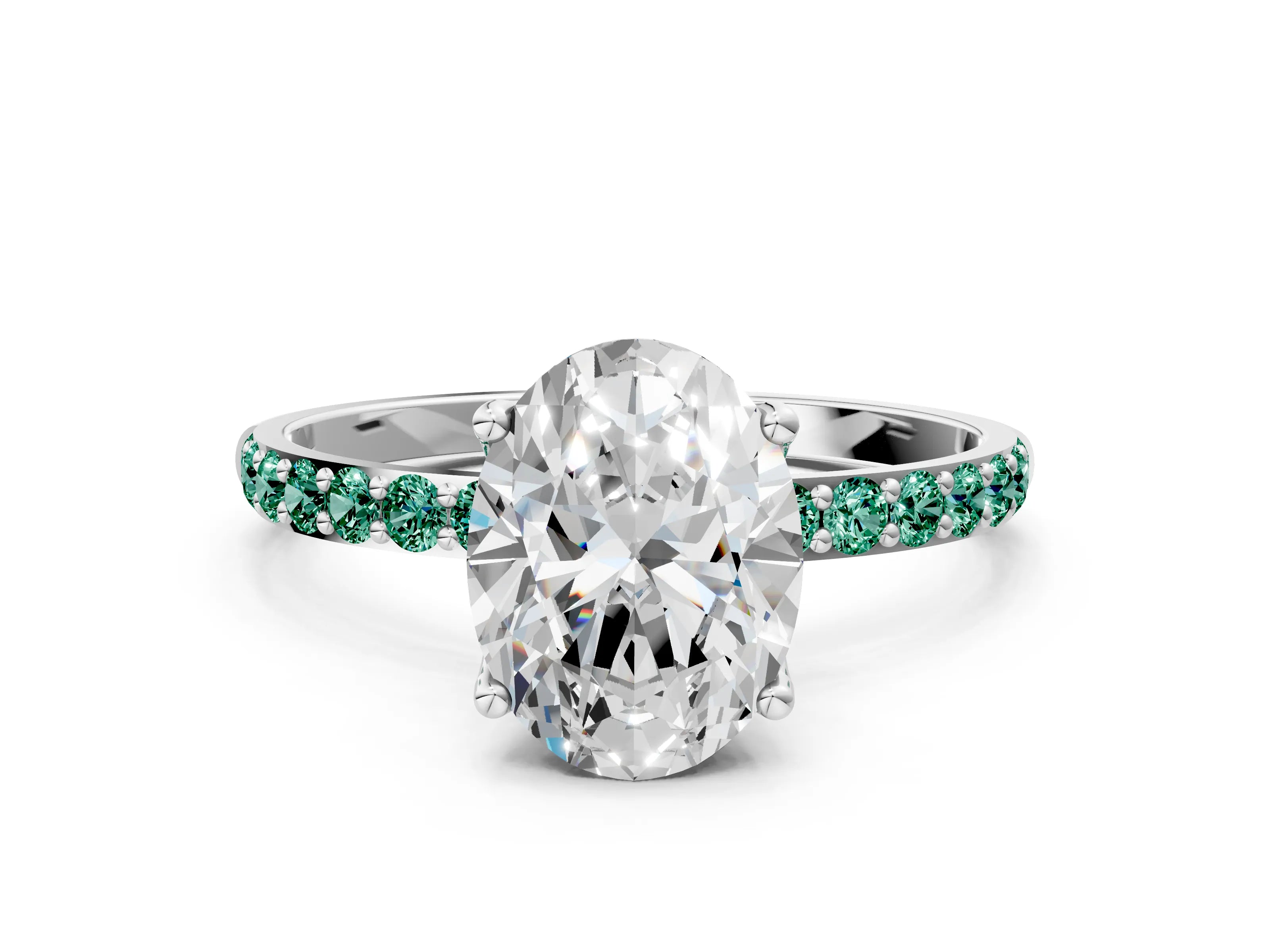 White gold Oval Cut Diamond Solitaire Engagement Ring with Round with Green Sapphire side stone Pavé Band and Prong Setting