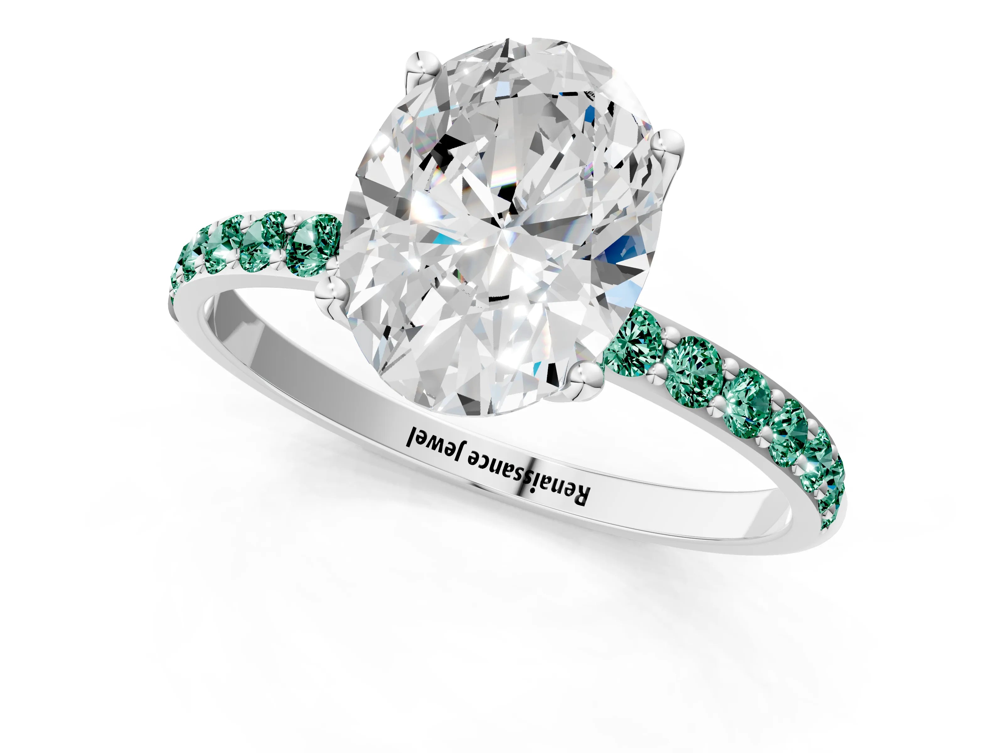 White gold Oval Cut Diamond Solitaire Engagement Ring with Round with Green Sapphire side stone Pavé Band and Prong Setting_13