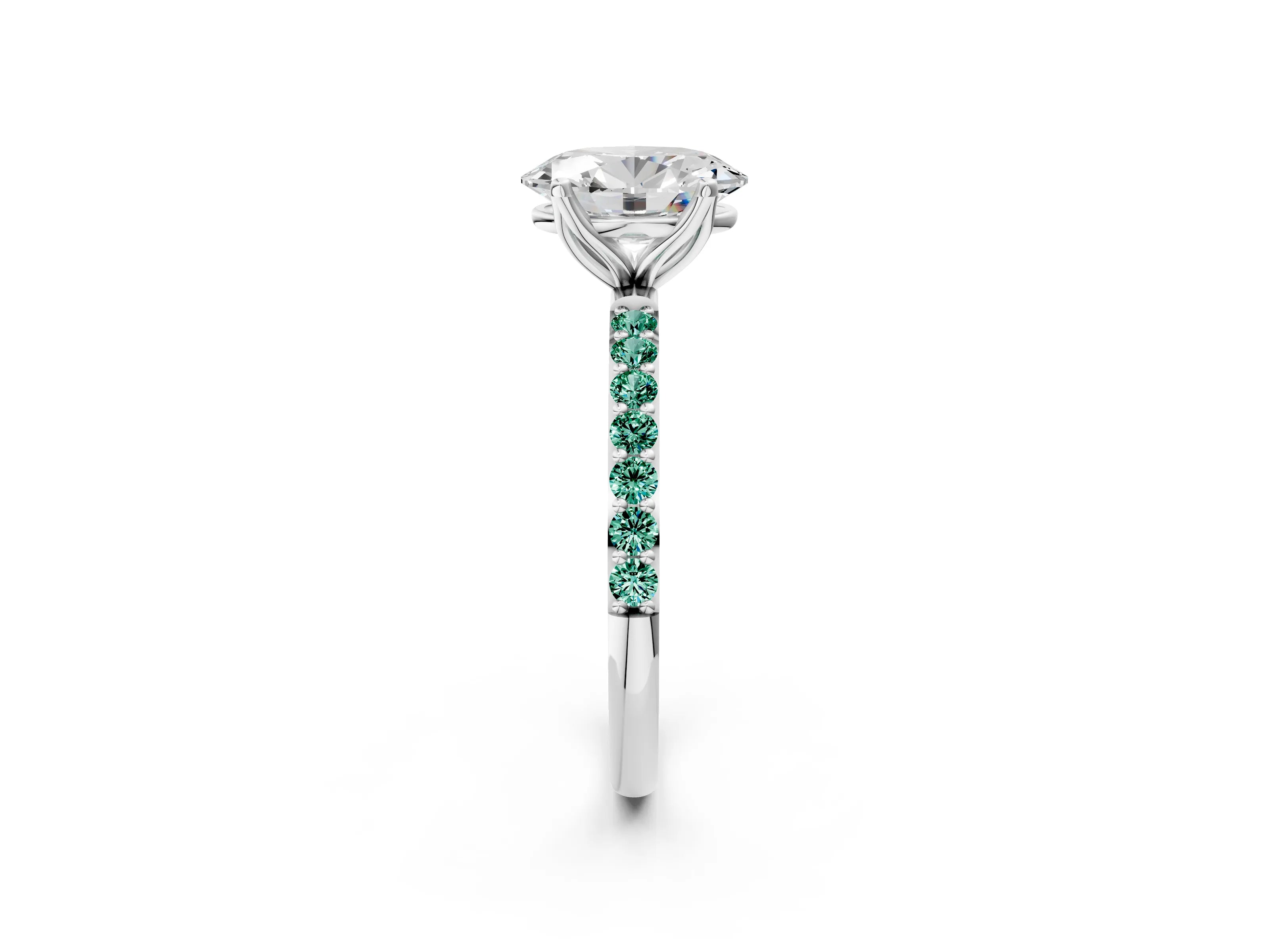 White gold Oval Cut Diamond Solitaire Engagement Ring with Round with Green Sapphire side stone Pavé Band and Prong Setting_14