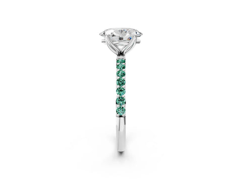 White gold Oval Cut Diamond Solitaire Engagement Ring with Round with Green Sapphire side stone Pavé Band and Prong Setting_14