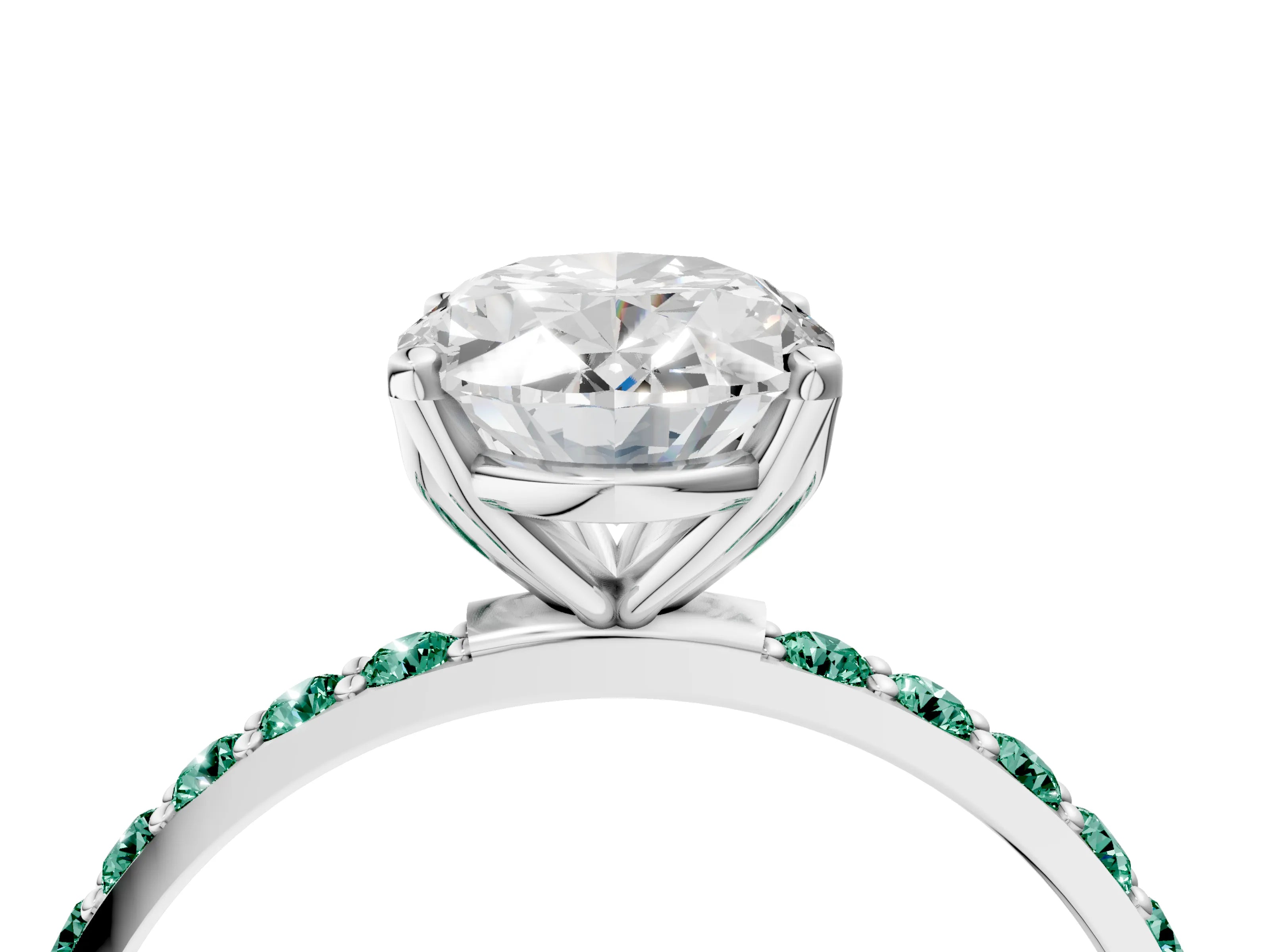White gold Oval Cut Diamond Solitaire Engagement Ring with Round with Green Sapphire side stone Pavé Band and Prong Setting_16