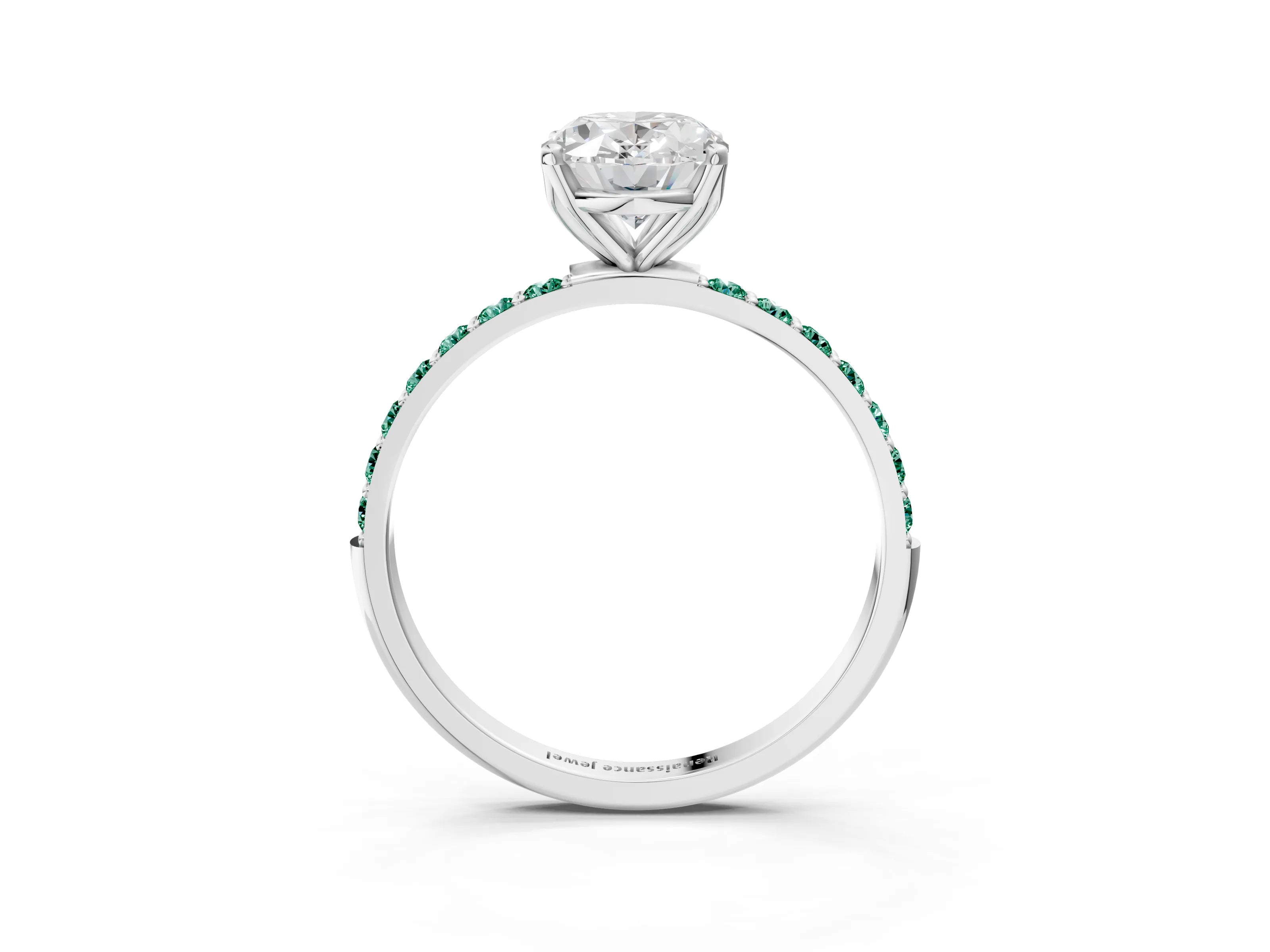 White gold Oval Cut Diamond Solitaire Engagement Ring with Round with Green Sapphire side stone Pavé Band and Prong Setting_3