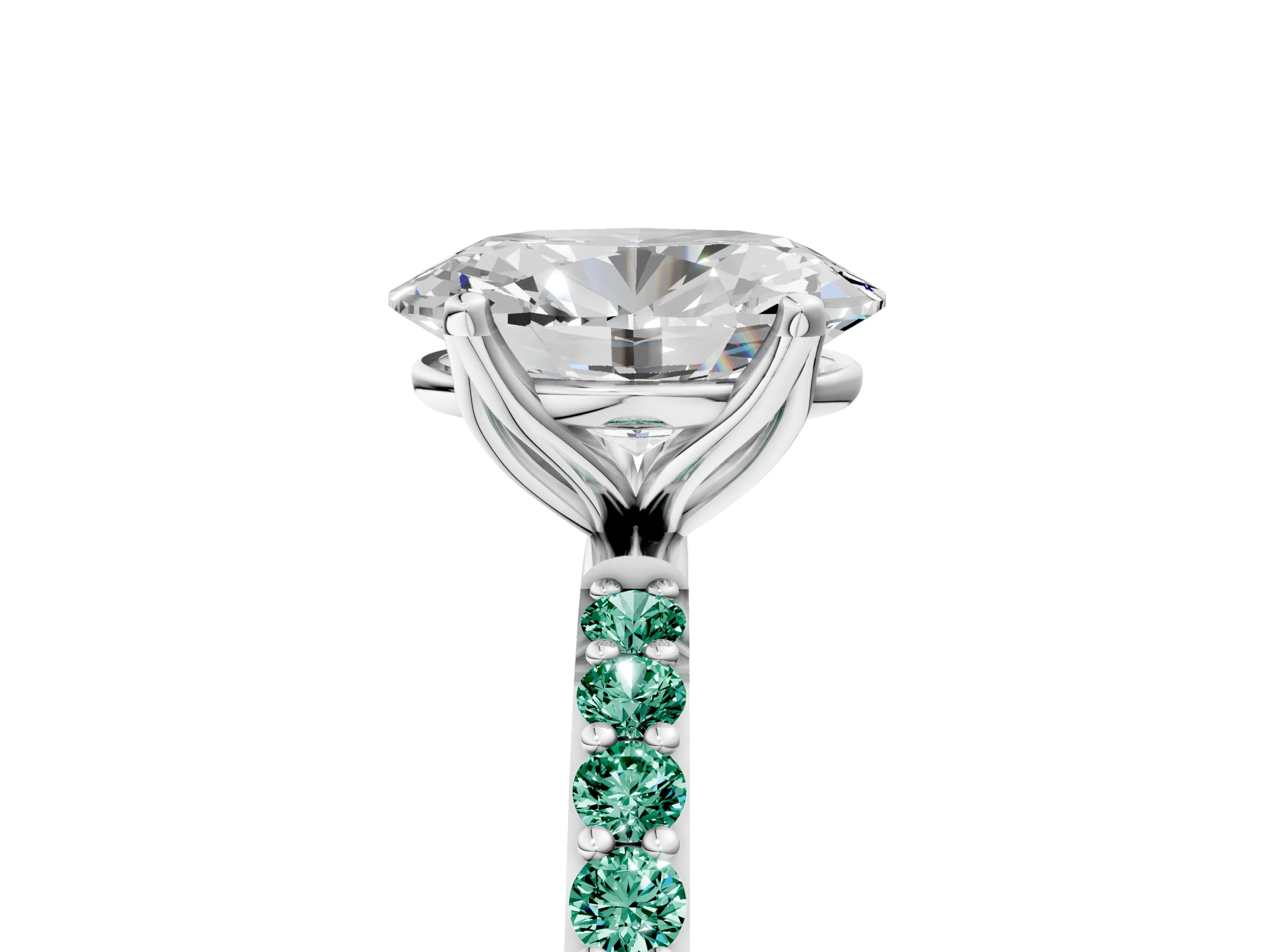 White gold Oval Cut Diamond Solitaire Engagement Ring with Round with Green Sapphire side stone Pavé Band and Prong Setting_5