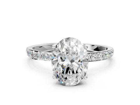 White gold Oval Cut Diamond Solitaire Engagement Ring with Round with Moissanite side stone Pavé Band and Prong Setting_12