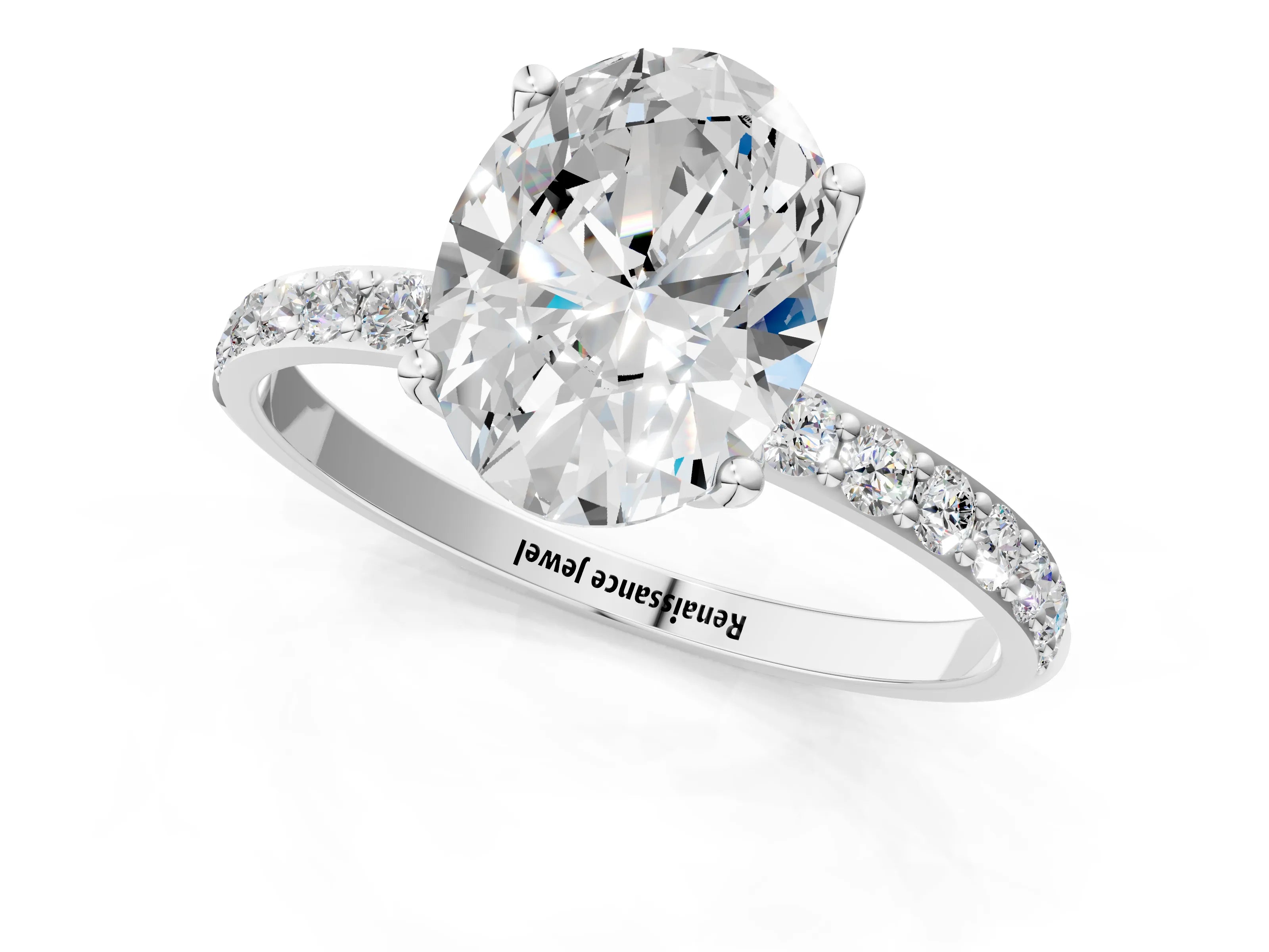 White gold Oval Cut Diamond Solitaire Engagement Ring with Round with Moissanite side stone Pavé Band and Prong Setting_13