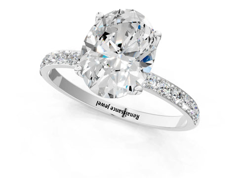 White gold Oval Cut Diamond Solitaire Engagement Ring with Round with Moissanite side stone Pavé Band and Prong Setting_13