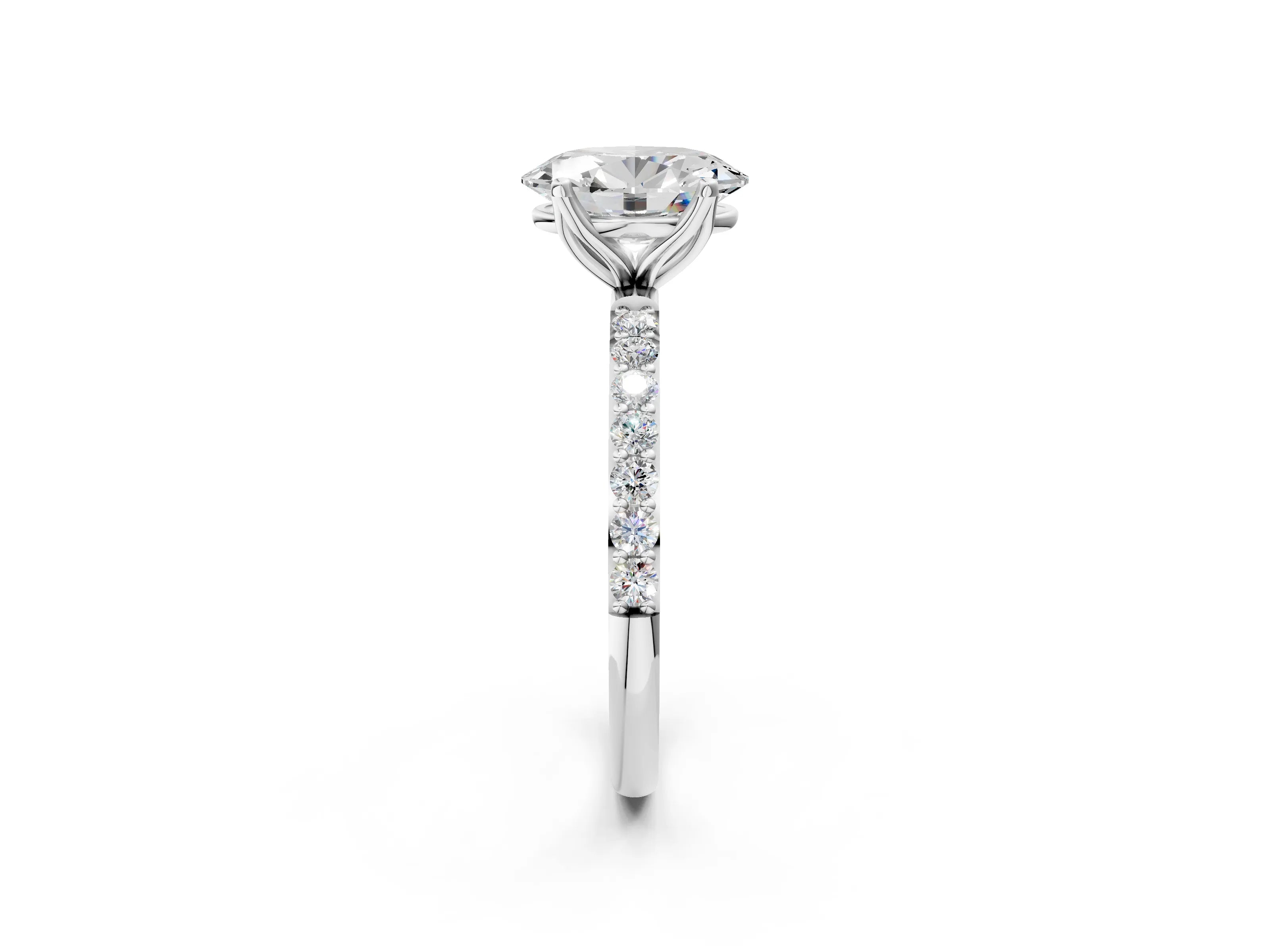 White gold Oval Cut Diamond Solitaire Engagement Ring with Round with Moissanite side stone Pavé Band and Prong Setting_14