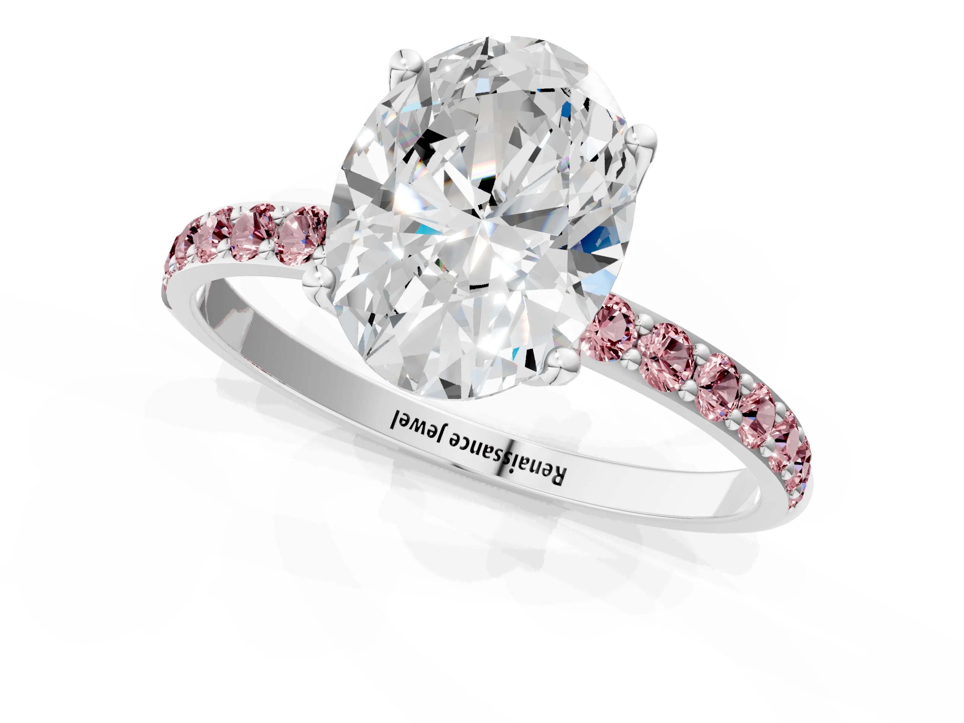 White gold Oval Cut Diamond Solitaire Engagement Ring with Round with Morganite side stone Pavé Band and Prong Setting_25