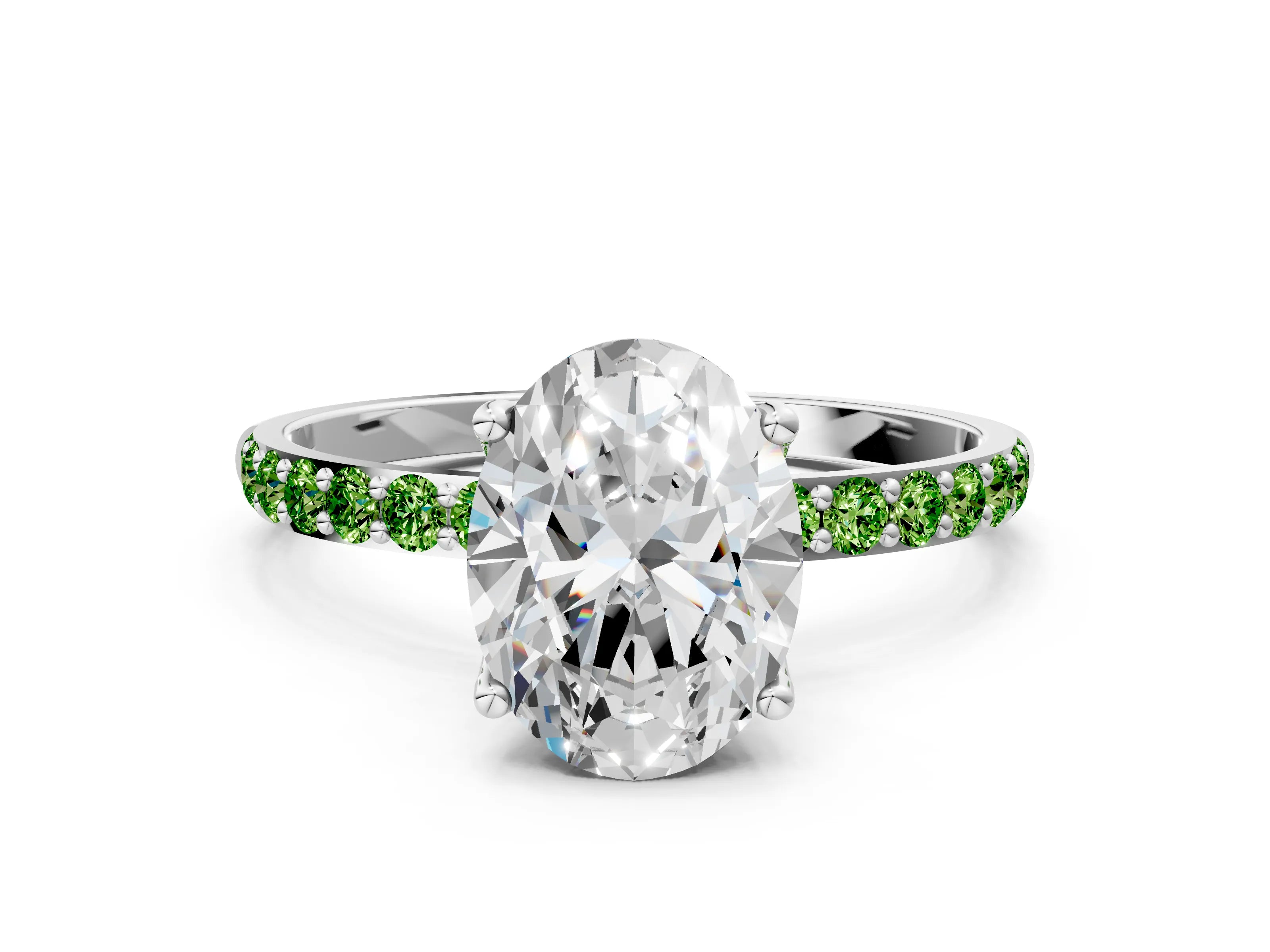White gold Oval Cut Diamond Solitaire Engagement Ring with Round with Peridot side stone Pavé Band and Prong Setting