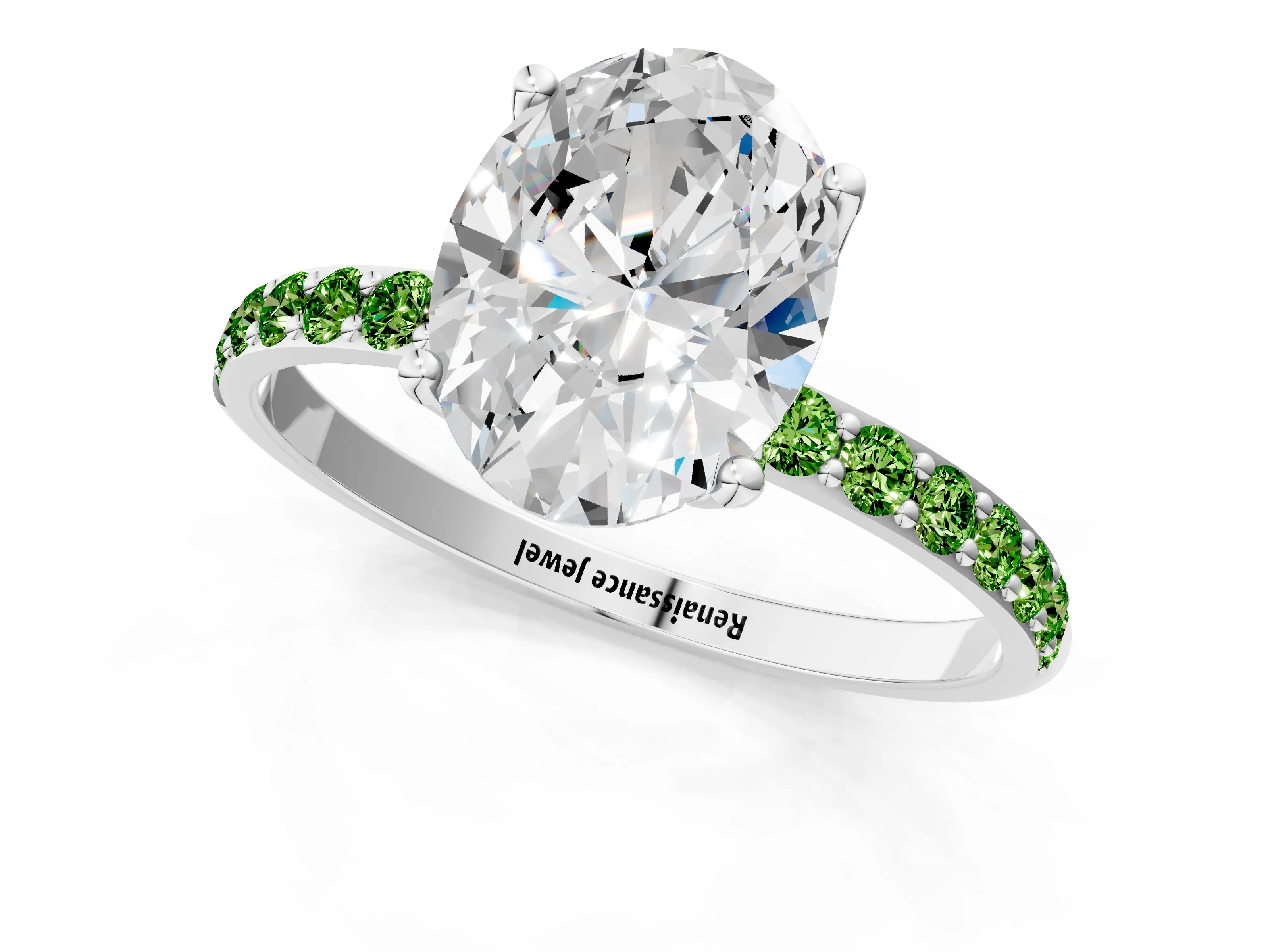 White gold Oval Cut Diamond Solitaire Engagement Ring with Round with Peridot side stone Pavé Band and Prong Setting_1