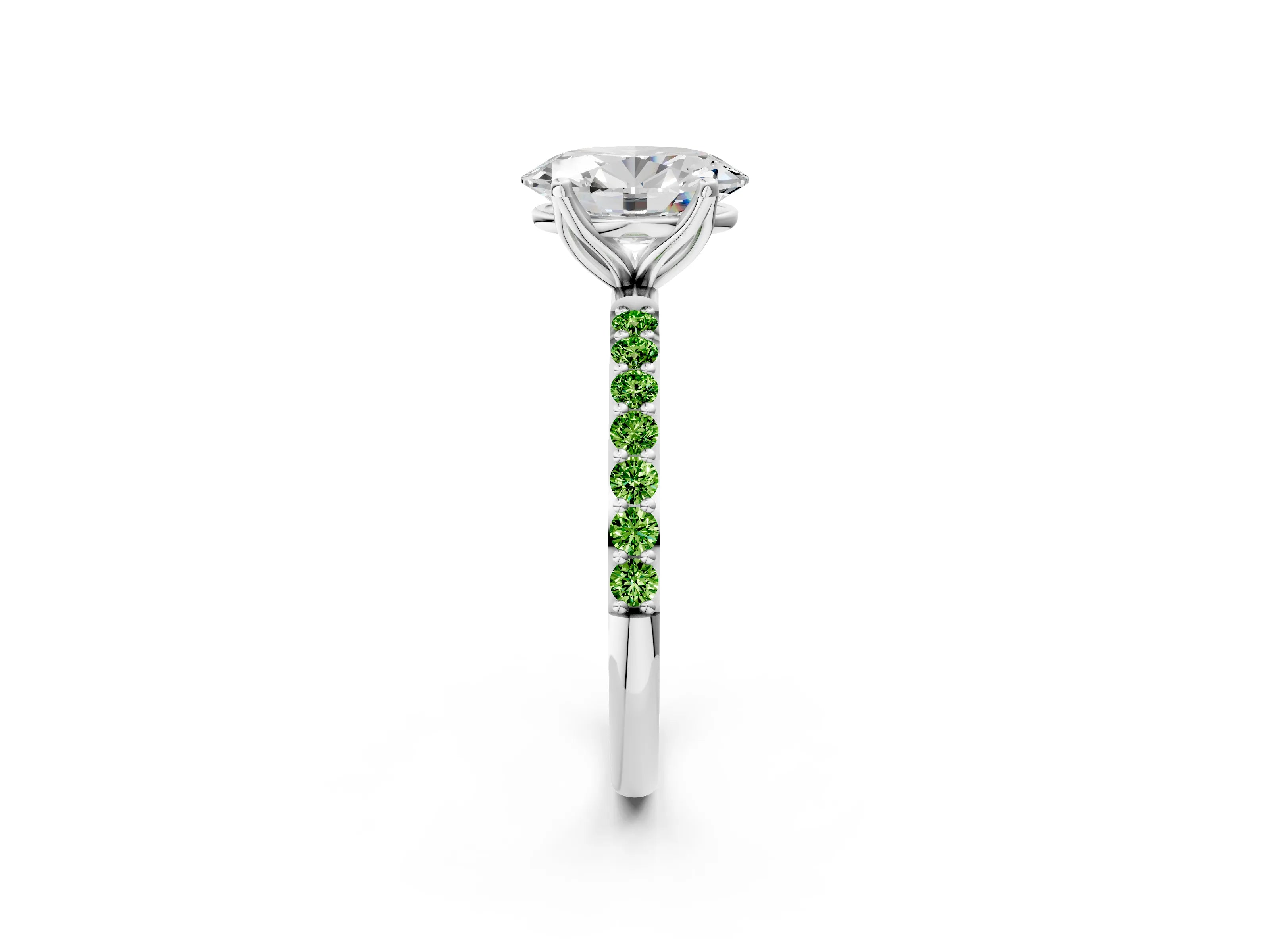 White gold Oval Cut Diamond Solitaire Engagement Ring with Round with Peridot side stone Pavé Band and Prong Setting_14