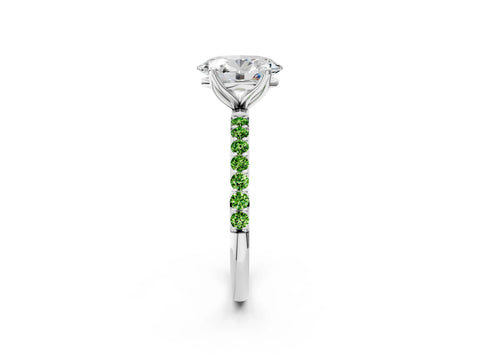 White gold Oval Cut Diamond Solitaire Engagement Ring with Round with Peridot side stone Pavé Band and Prong Setting_2