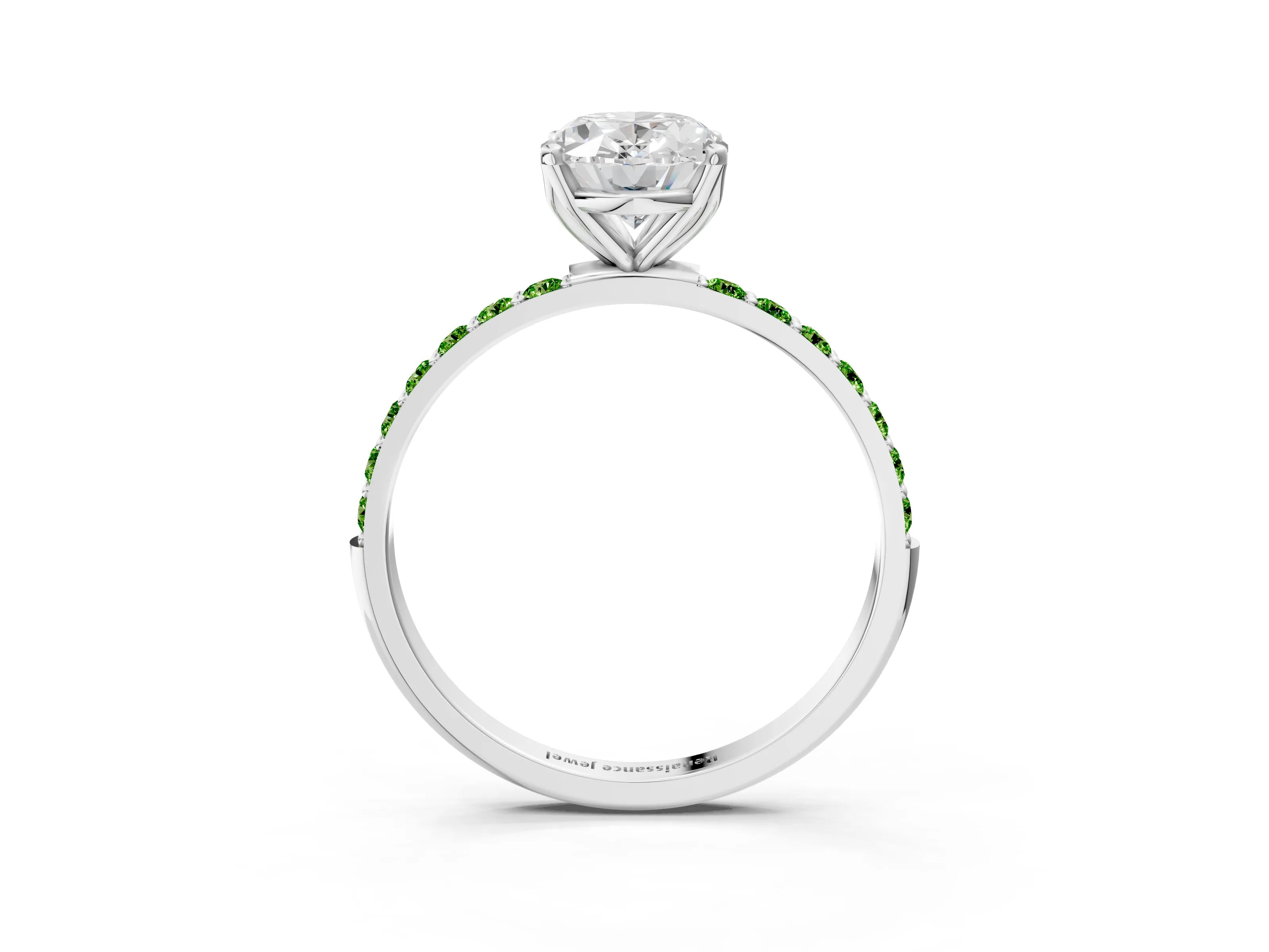 White gold Oval Cut Diamond Solitaire Engagement Ring with Round with Peridot side stone Pavé Band and Prong Setting_3