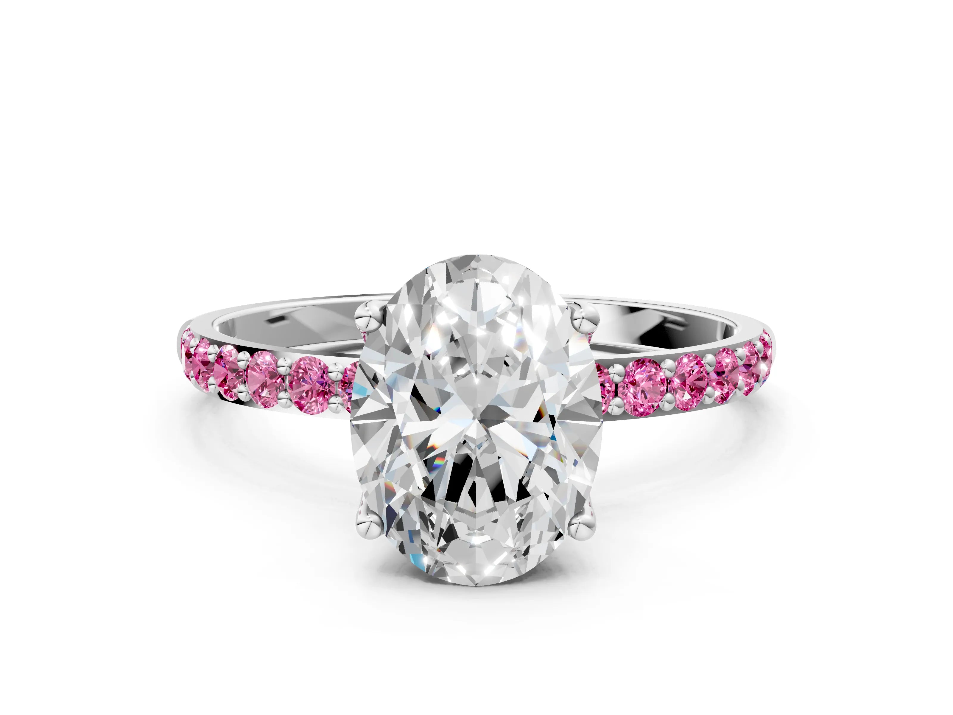 White gold Oval Cut Diamond Solitaire Engagement Ring with Round with Pink Sapphire side stone Pavé Band and Prong Setting_12