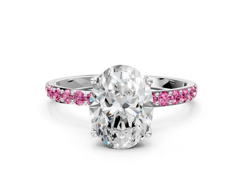 White gold Oval Cut Diamond Solitaire Engagement Ring with Round with Pink Sapphire side stone Pavé Band and Prong Setting_12