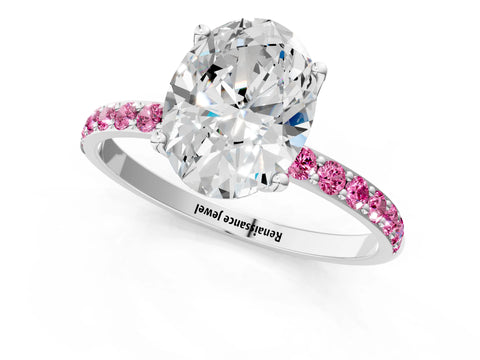 White gold Oval Cut Diamond Solitaire Engagement Ring with Round with Pink Sapphire side stone Pavé Band and Prong Setting_13