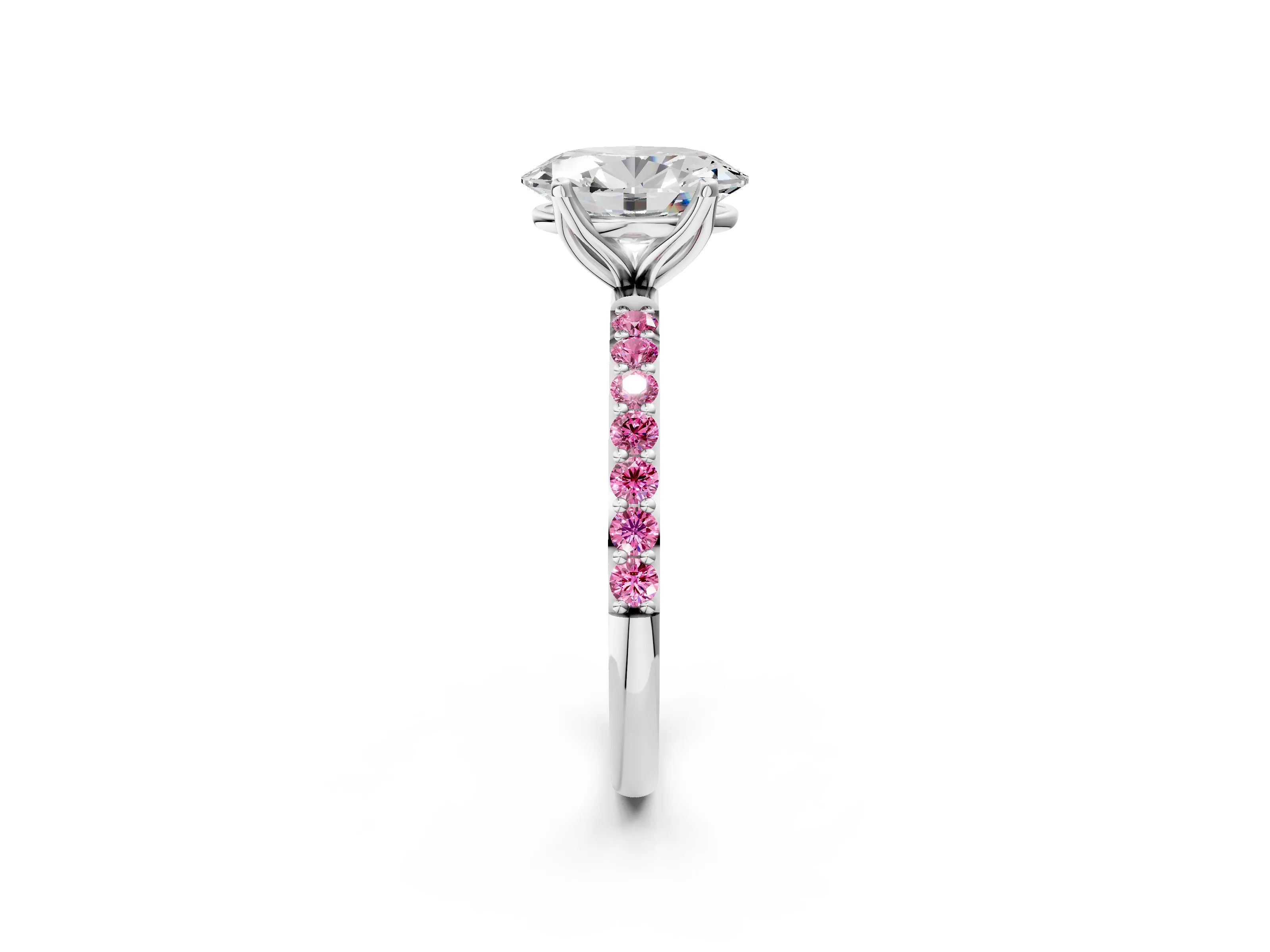 White gold Oval Cut Diamond Solitaire Engagement Ring with Round with Pink Sapphire side stone Pavé Band and Prong Setting_14