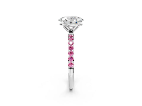White gold Oval Cut Diamond Solitaire Engagement Ring with Round with Pink Sapphire side stone Pavé Band and Prong Setting_14