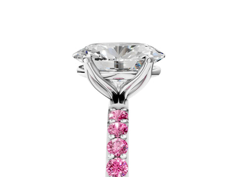 White gold Oval Cut Diamond Solitaire Engagement Ring with Round with Pink Sapphire side stone Pavé Band and Prong Setting_17