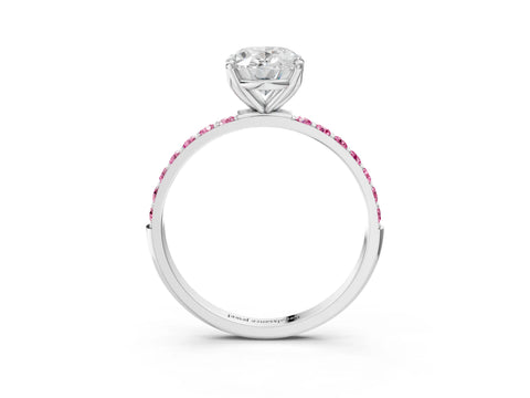 White gold Oval Cut Diamond Solitaire Engagement Ring with Round with Pink Sapphire side stone Pavé Band and Prong Setting_27
