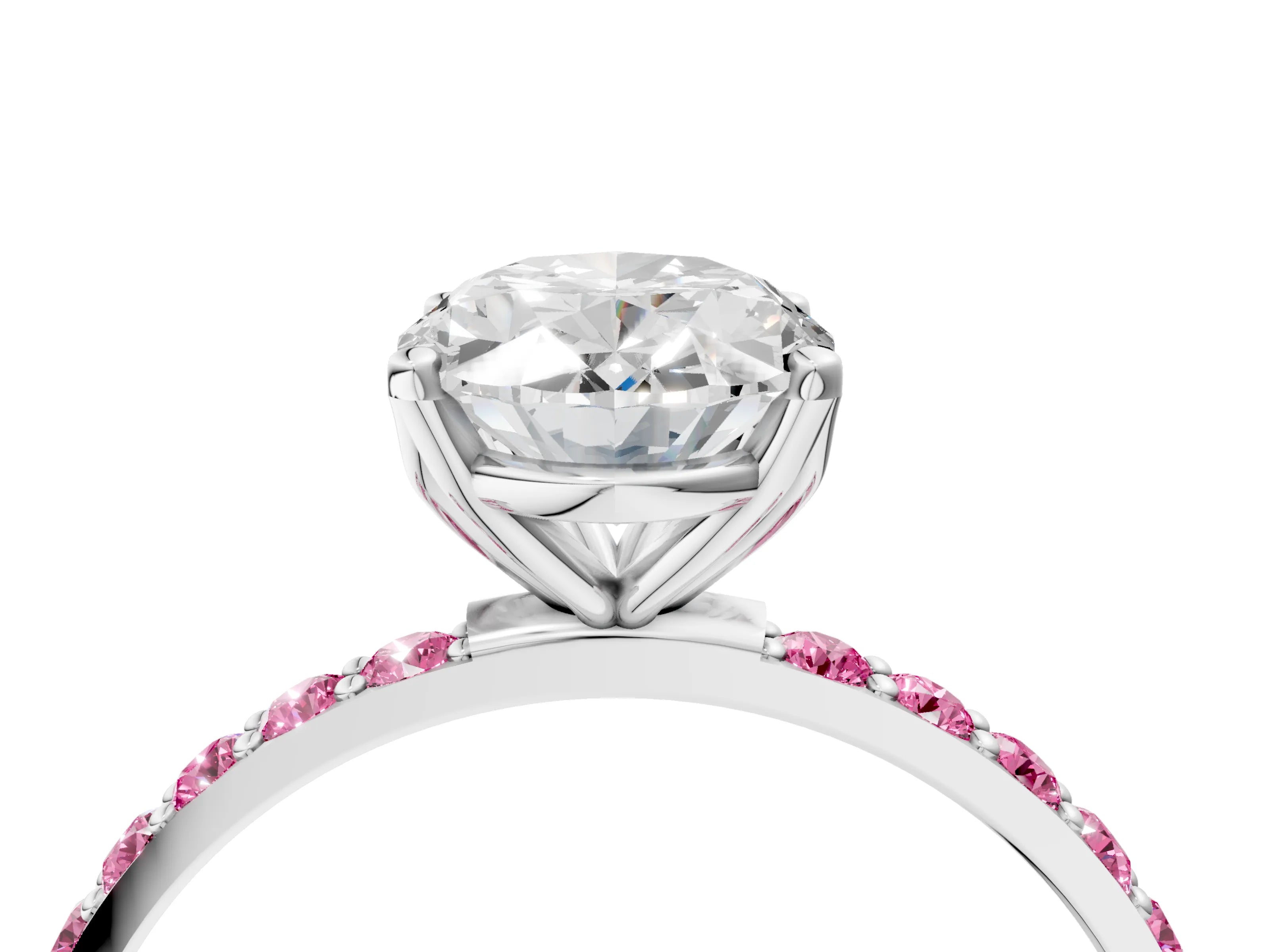 White gold Oval Cut Diamond Solitaire Engagement Ring with Round with Pink Sapphire side stone Pavé Band and Prong Setting_28