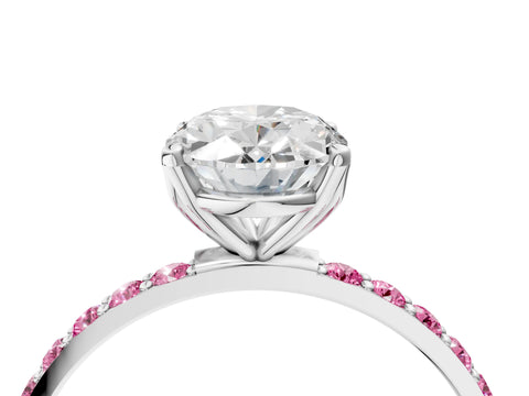 White gold Oval Cut Diamond Solitaire Engagement Ring with Round with Pink Sapphire side stone Pavé Band and Prong Setting_28