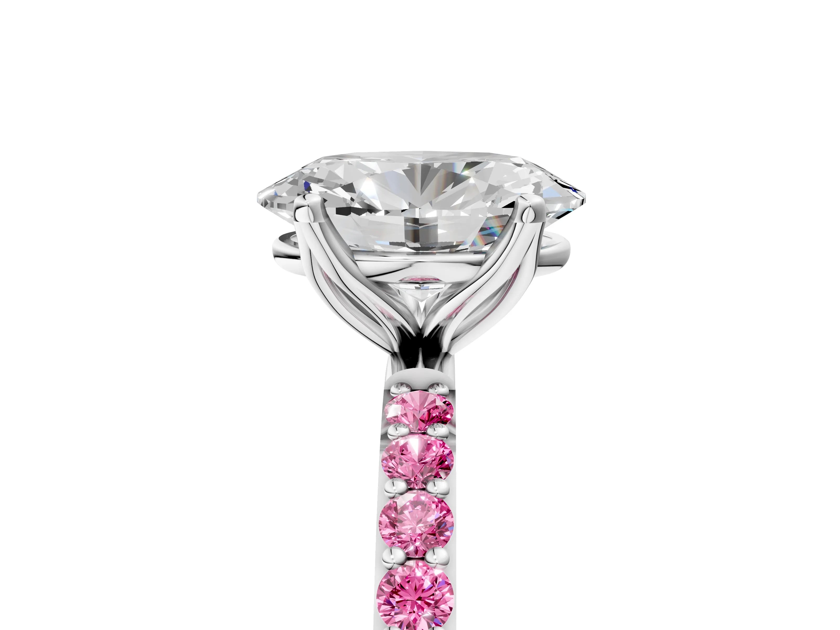 White gold Oval Cut Diamond Solitaire Engagement Ring with Round with Pink Sapphire side stone Pavé Band and Prong Setting_29