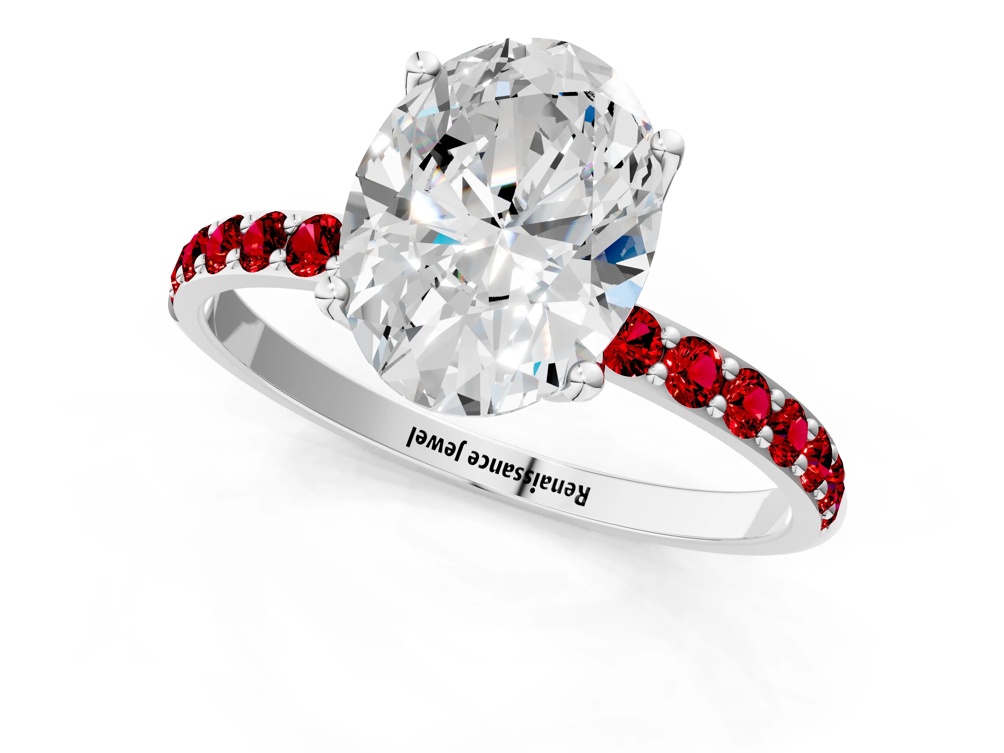 White gold Oval Cut Diamond Solitaire Engagement Ring with Round with Ruby side stone Pavé Band and Prong Setting_13