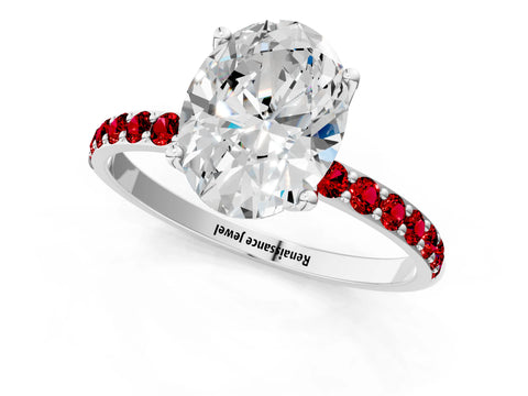 White gold Oval Cut Diamond Solitaire Engagement Ring with Round with Ruby side stone Pavé Band and Prong Setting_13