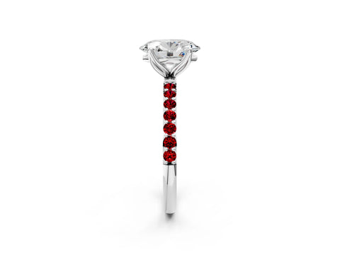 White gold Oval Cut Diamond Solitaire Engagement Ring with Round with Ruby side stone Pavé Band and Prong Setting_14
