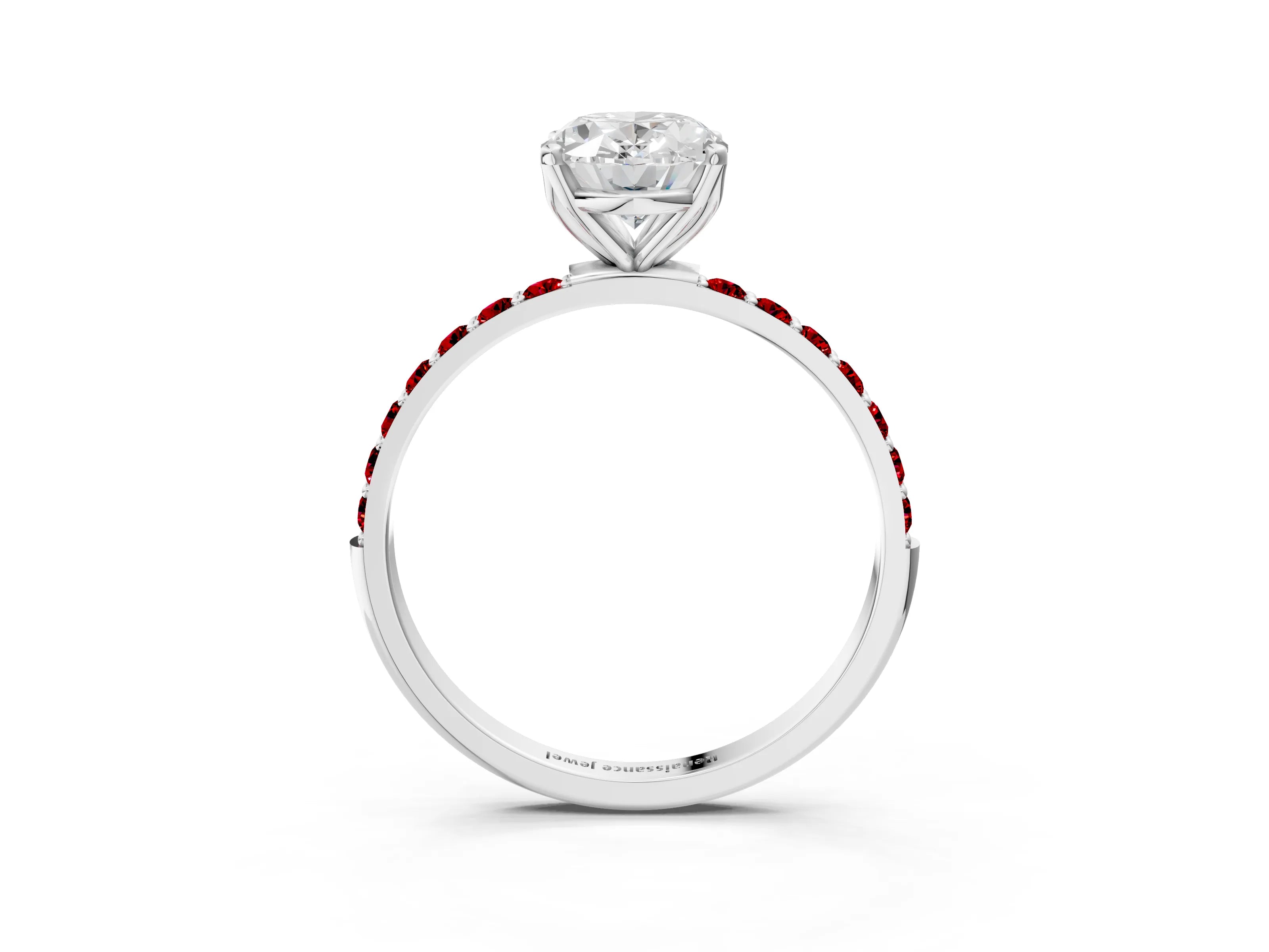 White gold Oval Cut Diamond Solitaire Engagement Ring with Round with Ruby side stone Pavé Band and Prong Setting_15