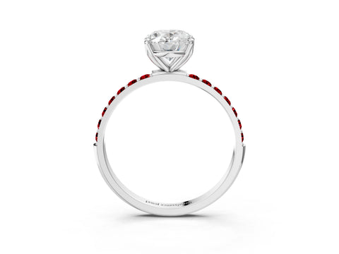 White gold Oval Cut Diamond Solitaire Engagement Ring with Round with Ruby side stone Pavé Band and Prong Setting_15