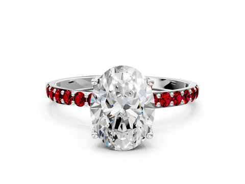 White gold Oval Cut Diamond Solitaire Engagement Ring with Round with Ruby side stone Pavé Band and Prong Setting_24