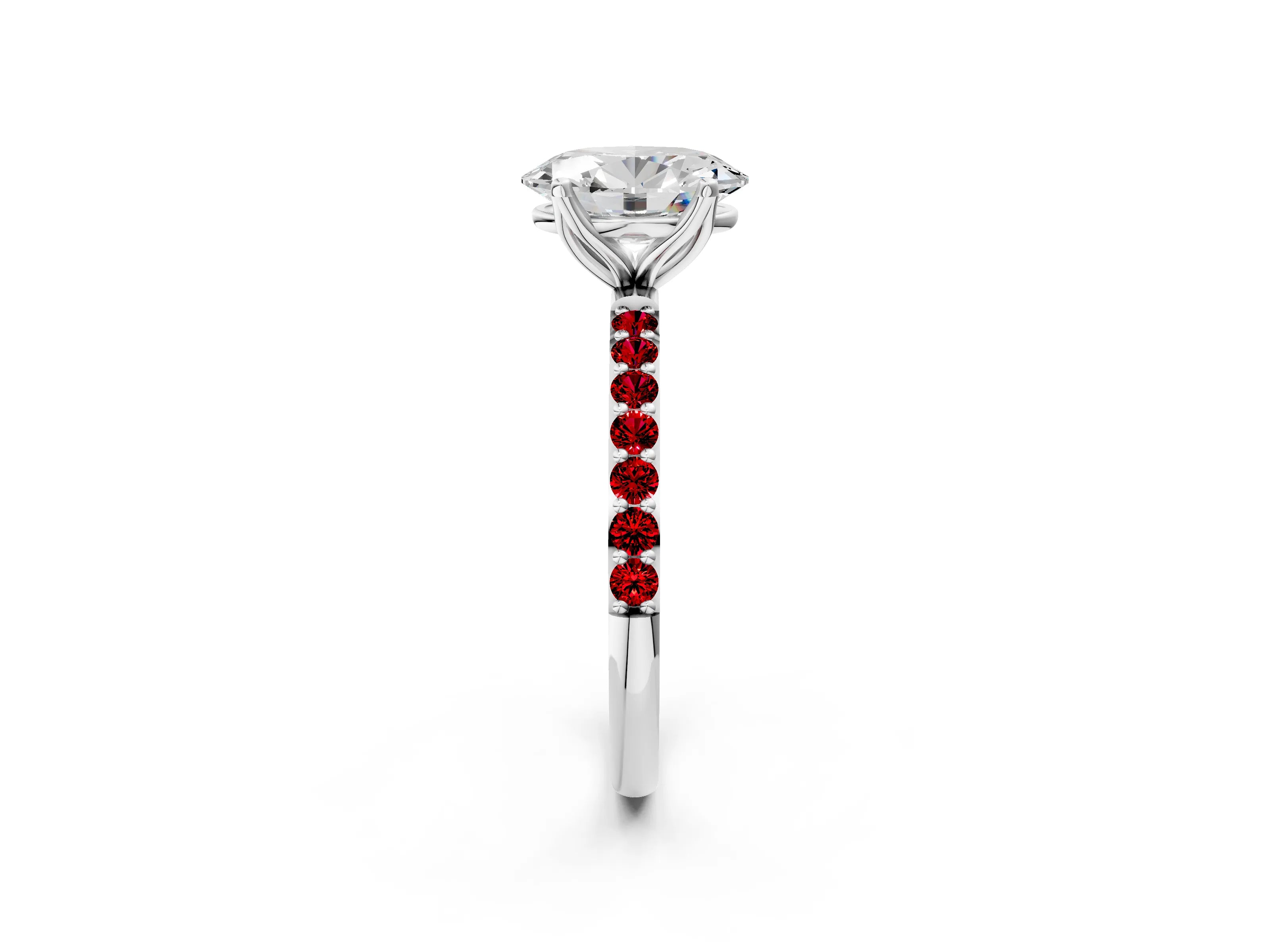 White gold Oval Cut Diamond Solitaire Engagement Ring with Round with Ruby side stone Pavé Band and Prong Setting_26