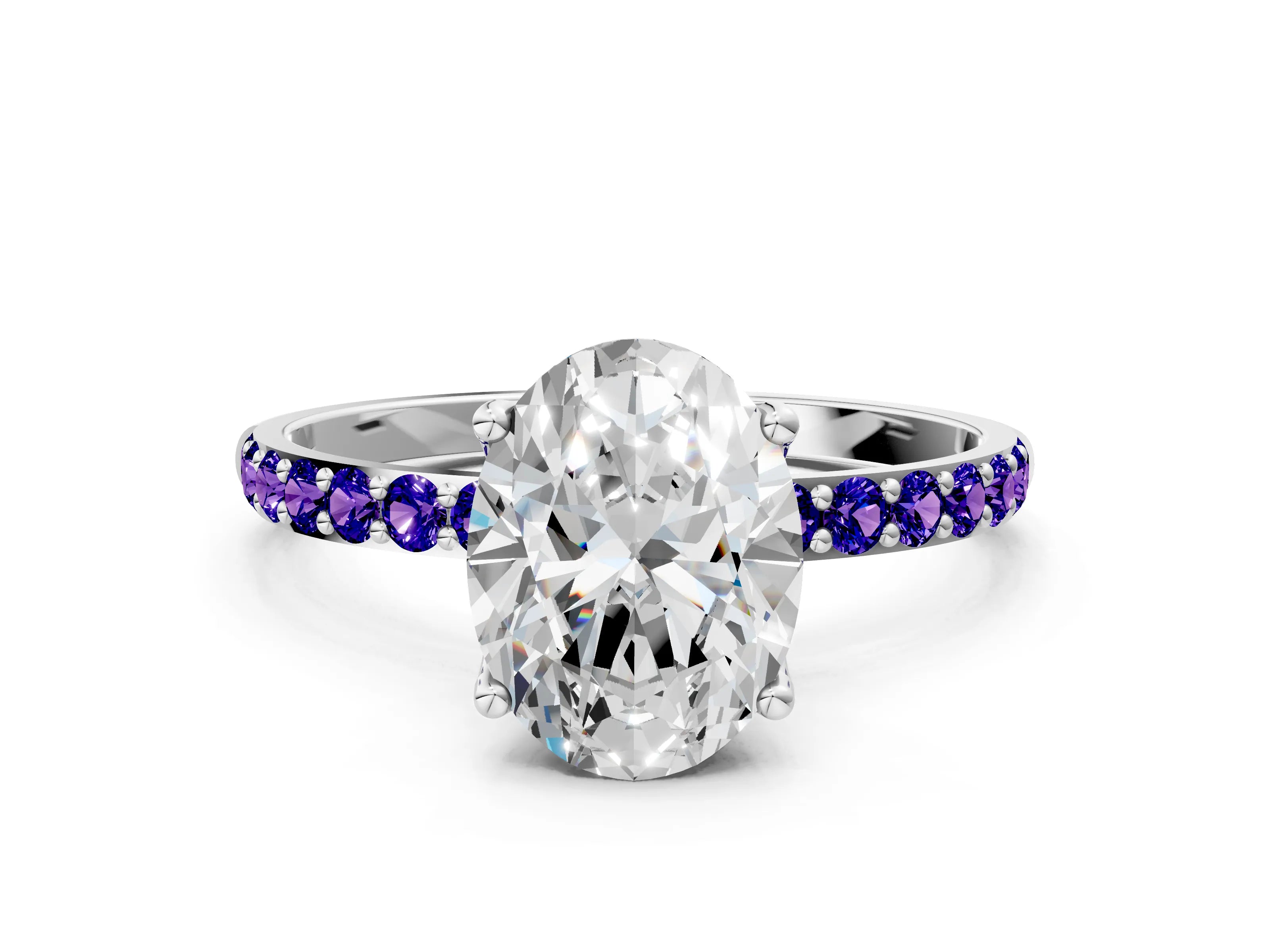 White gold Oval Cut Diamond Solitaire Engagement Ring with Round with Tanzanite side stone Pavé Band and Prong Setting_12