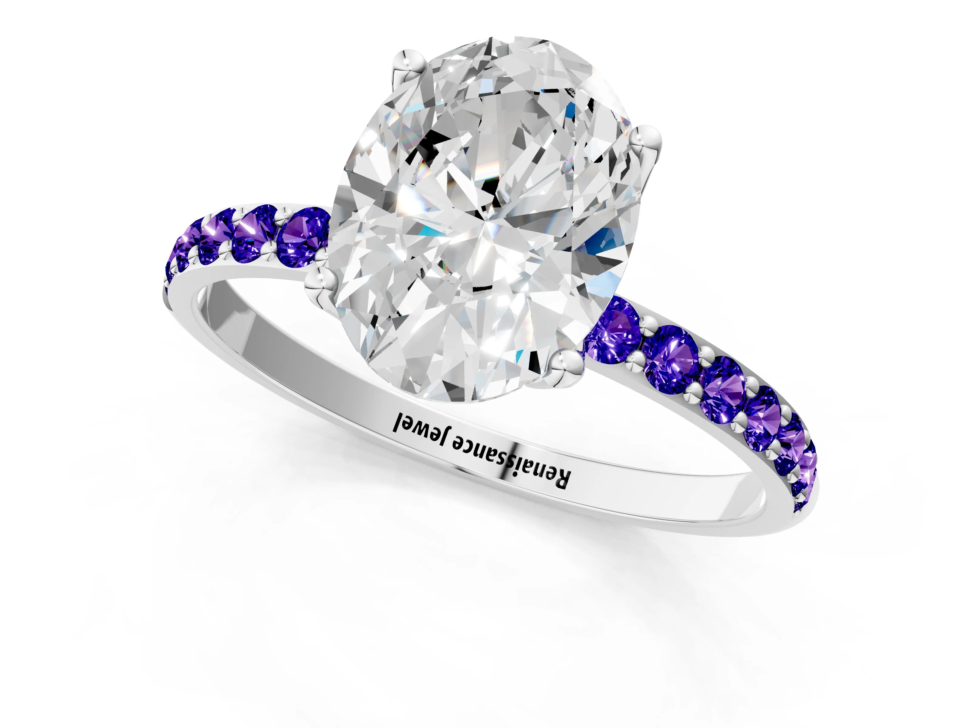 White gold Oval Cut Diamond Solitaire Engagement Ring with Round with Tanzanite side stone Pavé Band and Prong Setting_13
