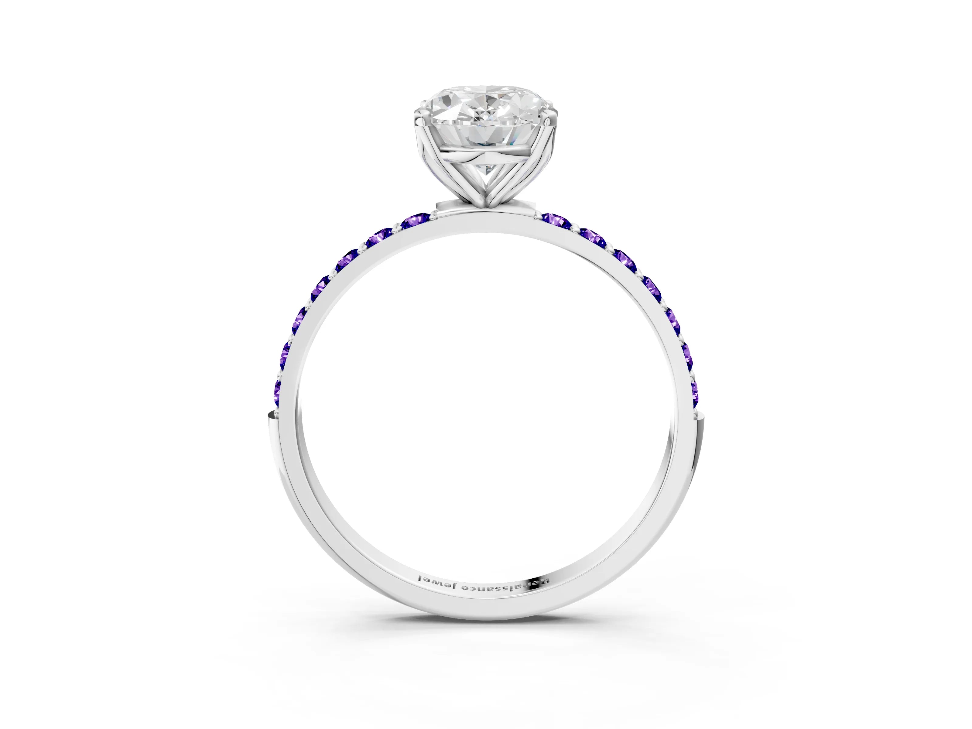 White gold Oval Cut Diamond Solitaire Engagement Ring with Round with Tanzanite side stone Pavé Band and Prong Setting_15