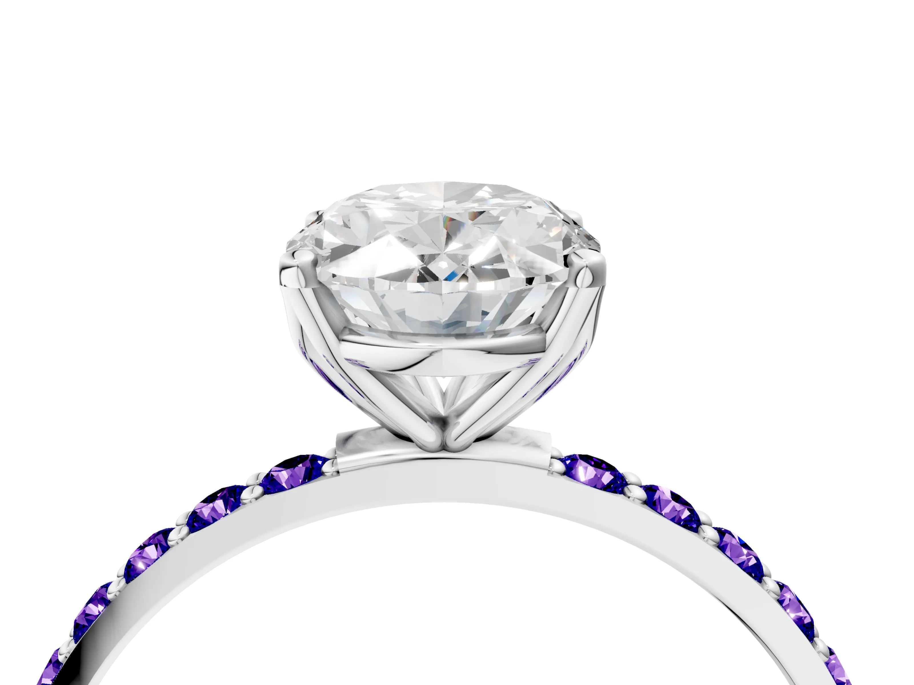 White gold Oval Cut Diamond Solitaire Engagement Ring with Round with Tanzanite side stone Pavé Band and Prong Setting_16