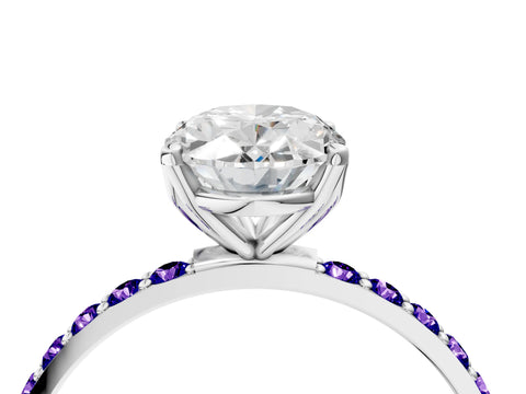 White gold Oval Cut Diamond Solitaire Engagement Ring with Round with Tanzanite side stone Pavé Band and Prong Setting_16