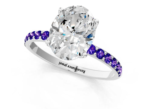 White gold Oval Cut Diamond Solitaire Engagement Ring with Round with Tanzanite side stone Pavé Band and Prong Setting_25