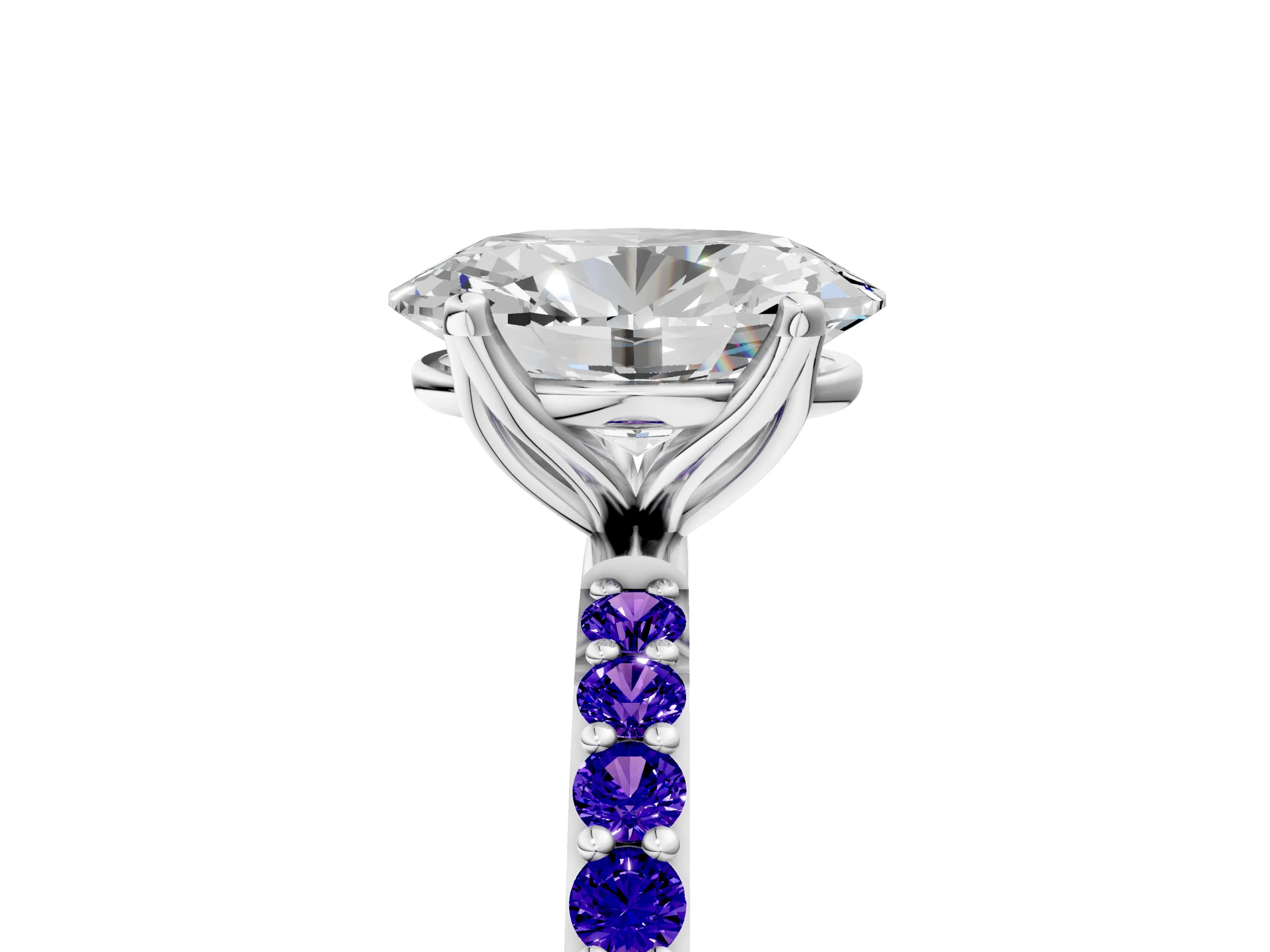 White gold Oval Cut Diamond Solitaire Engagement Ring with Round with Tanzanite side stone Pavé Band and Prong Setting_29